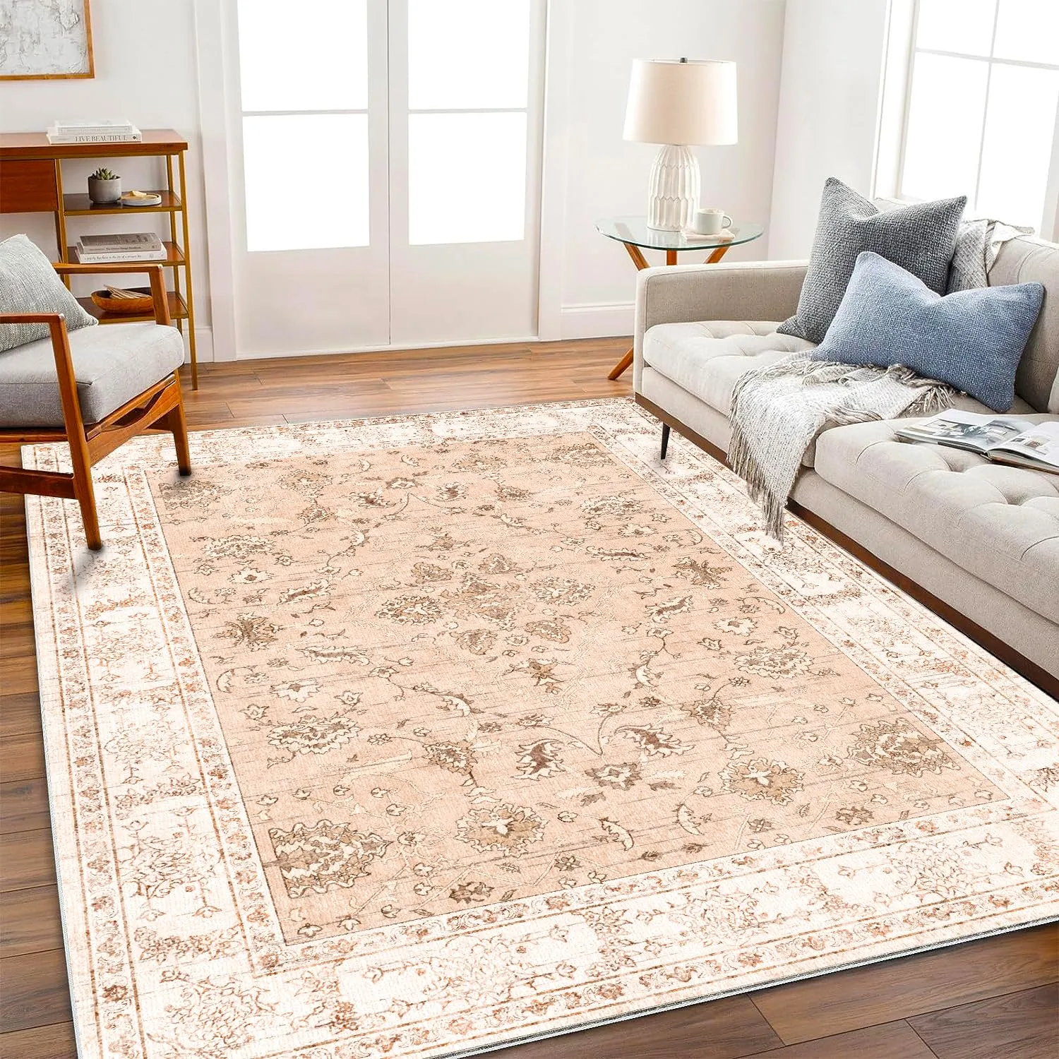 4x6 Vintage Washable Thin Area Rug Tangerine Traditional Floor Cover Foldable Indoor Distressed Non Slip Carpet Floral Print Mat Bedroom Living Room Bathroom
