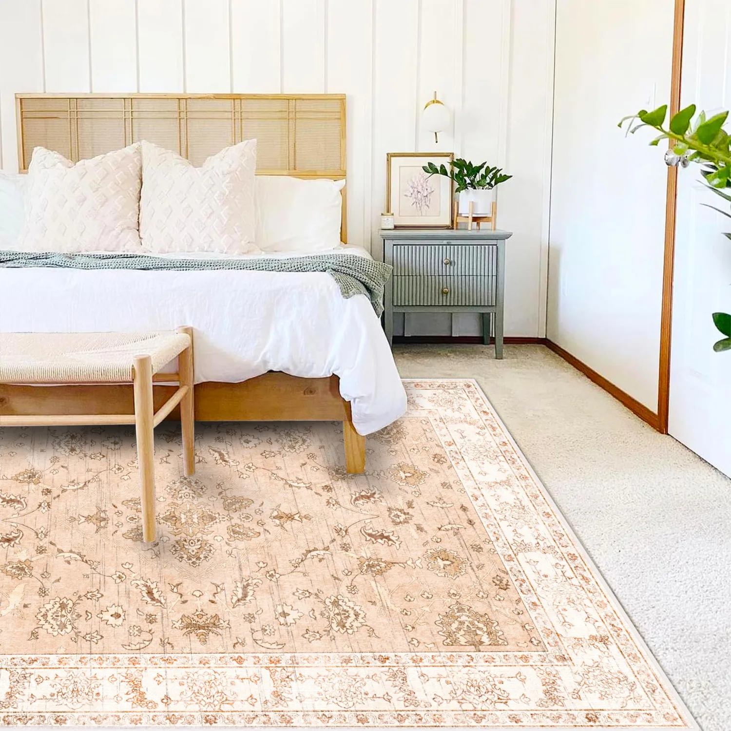 4x6 Vintage Washable Thin Area Rug Tangerine Traditional Floor Cover Foldable Indoor Distressed Non Slip Carpet Floral Print Mat Bedroom Living Room Bathroom