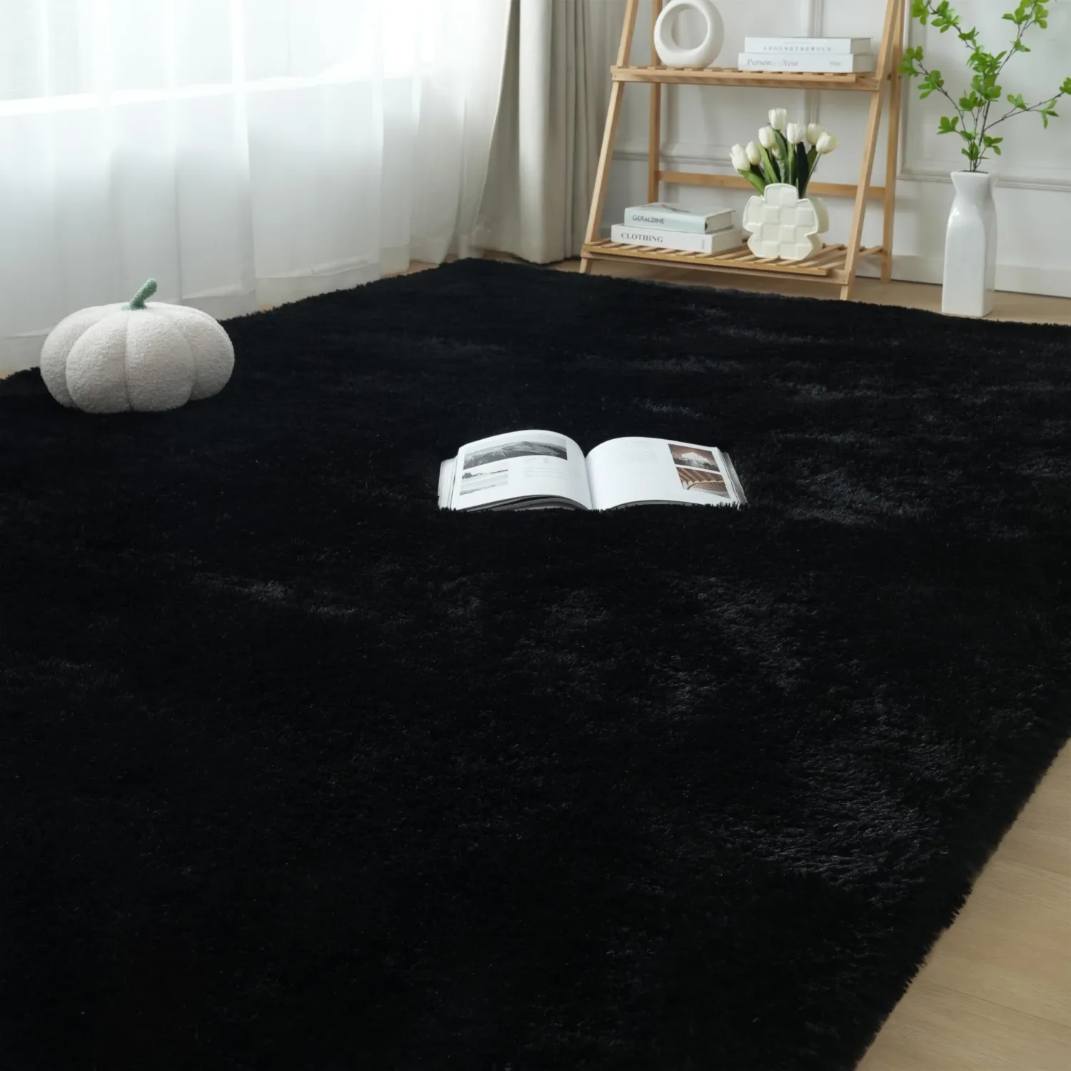 Fluffy Area Rug 5x7 Bedroom: Shag Rug for Bedroom - Area Rug 5x7 Black Plush Fuzzy Soft Carpet (Black, 5x7 Feet)