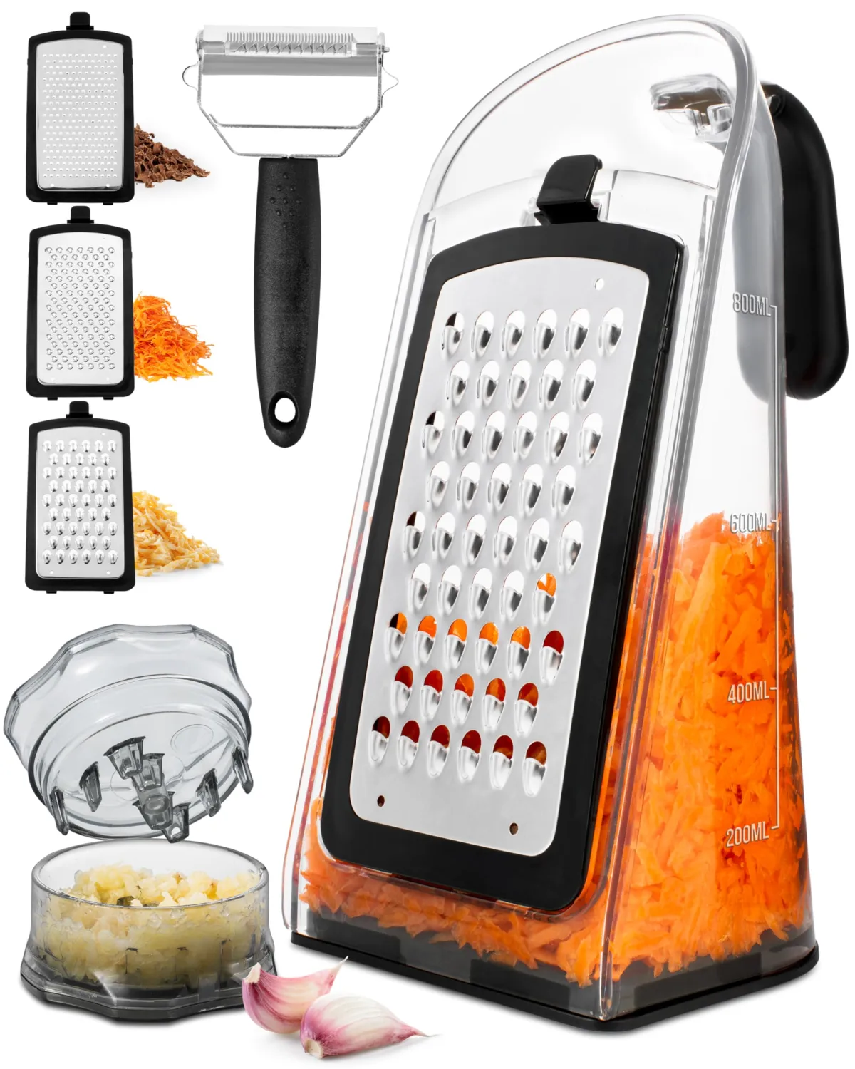 Cheese Grater with Garlic Crusher- Box Grater Vegetable Shredder with 3 Stainless Steel Drum Blades - Graters for Kitchen- Cheese Graters with Handle - Garlic Mincer Tool and Vegetable Peeler
