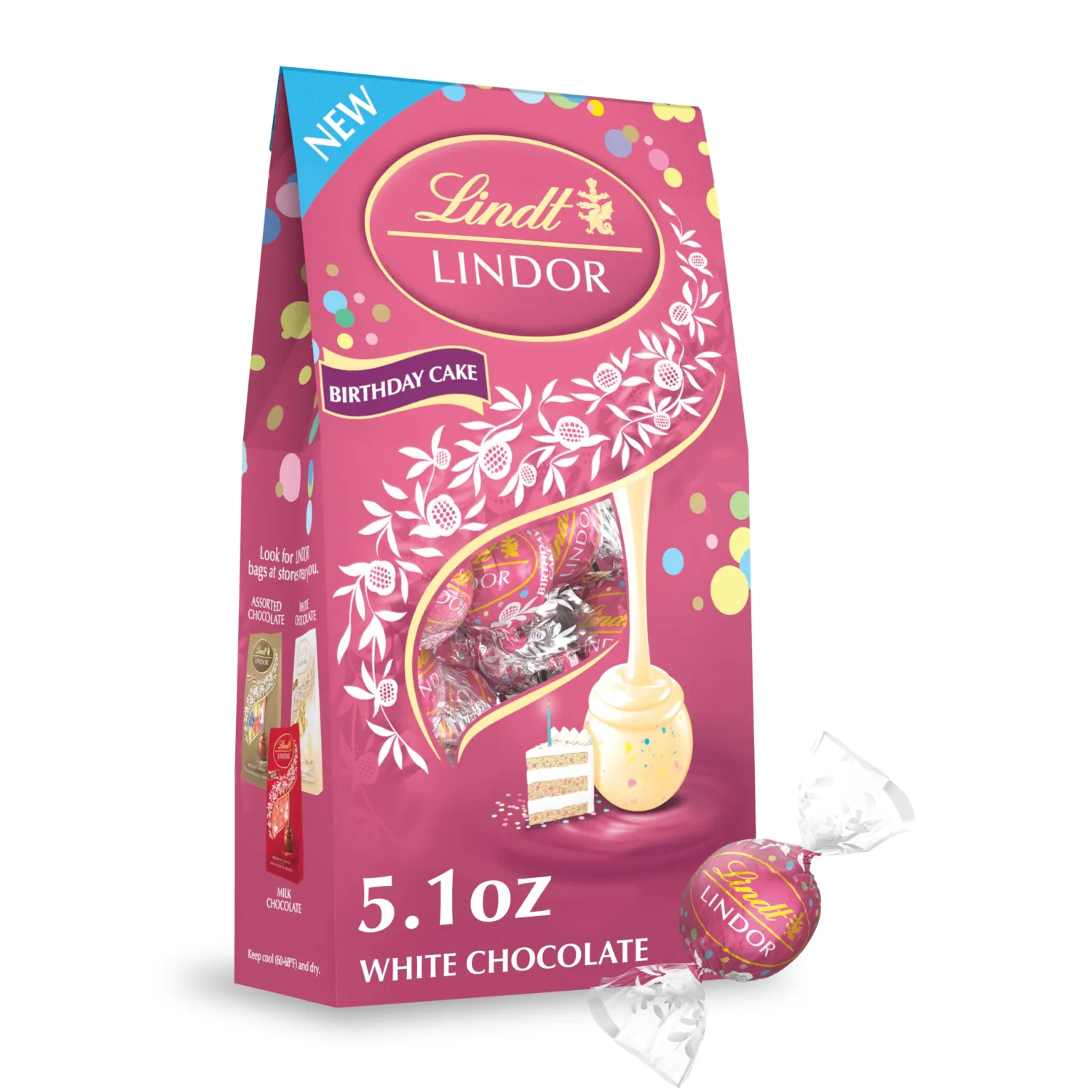 Lindt LINDOR Birthday Cake White Chocolate Truffles, White Chocolate Candy with Smooth, Melting Truffle Center, 5.1 oz. Bag