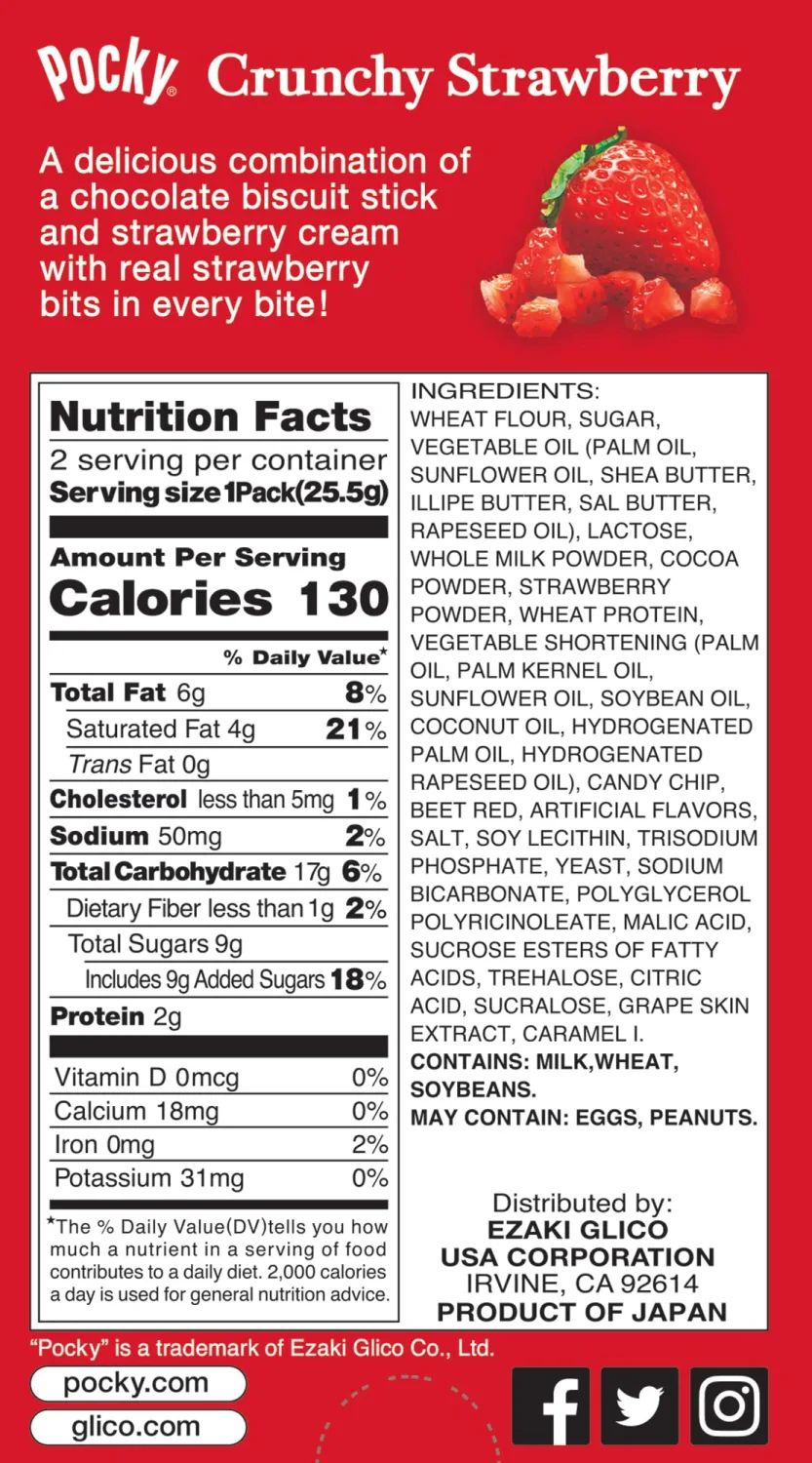 GLICO Pocky Crunchy Strawberry Covered Chocolate Biscuit Sticks 1.79 oz