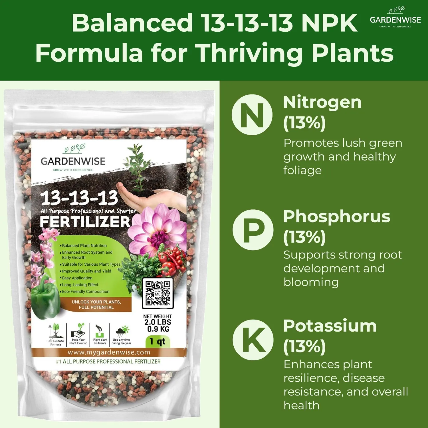 13-13-13 Slow Release Granular Fertilizer – All Purpose Plant Food 13 13 13 for Outdoor Grass, Vegetables, Roses, Flowers, Shrubs, Trees. Lawns, Gardens, Potted Plants (1 Quart)