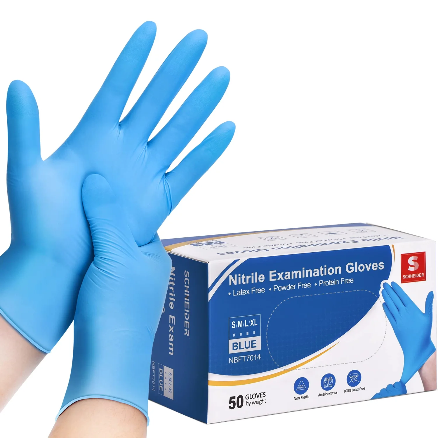 Schneider Nitrile Exam Gloves, Blue, 4 mil, Powder-Free, Latex-Free, for Medical Exam, Cleaning and Food Prep, Non-Sterile