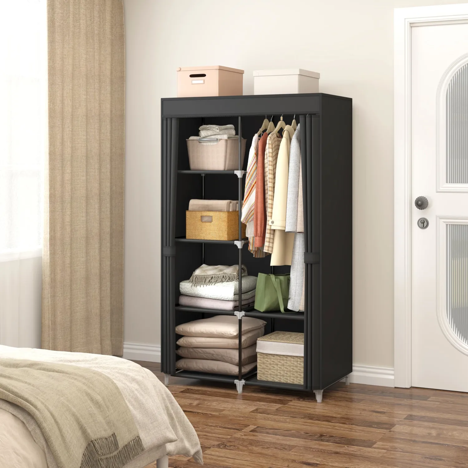 35 Inch Portable Closet for Small Room, Clothing Organizer Storage Rack with Non-Woven Fabric Cover, 1 Clothes Hanging Rod, 6 Storage Shelves, Black