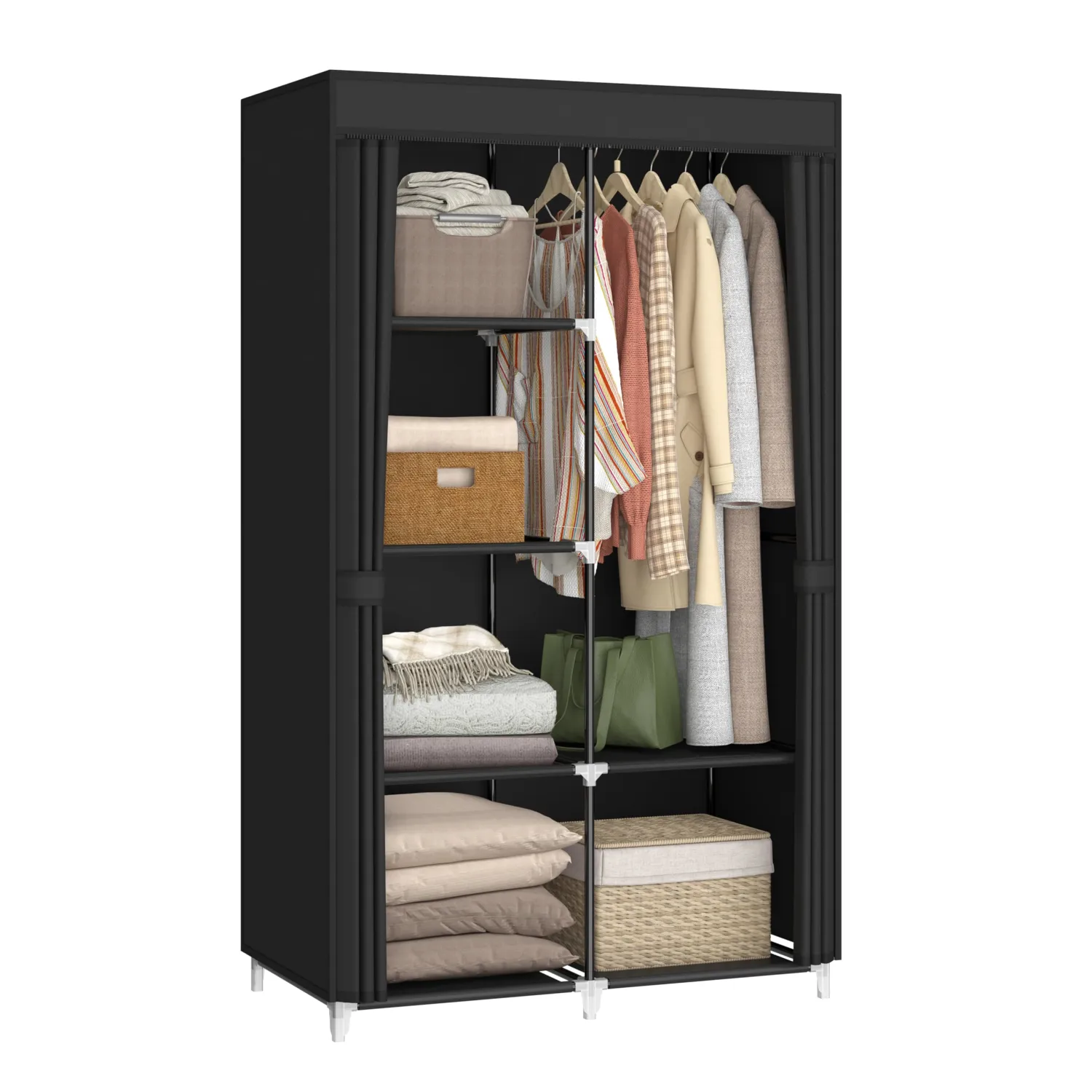 35 Inch Portable Closet for Small Room, Clothing Organizer Storage Rack with Non-Woven Fabric Cover, 1 Clothes Hanging Rod, 6 Storage Shelves, Black