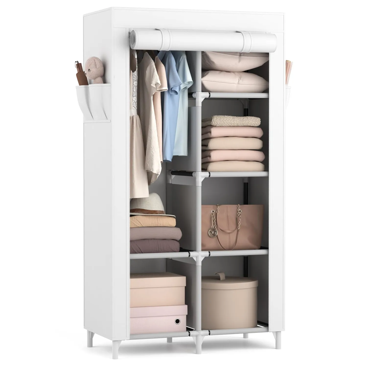 ROJASOP Portable Closet Wardrobe Closet for Hanging Clothes with 6 Storage Shelves, 1 Hanging Rod and 4 Pockets, Clothes Organizer and Storage Wardrobe Free Standing Closet for Bedroom, White