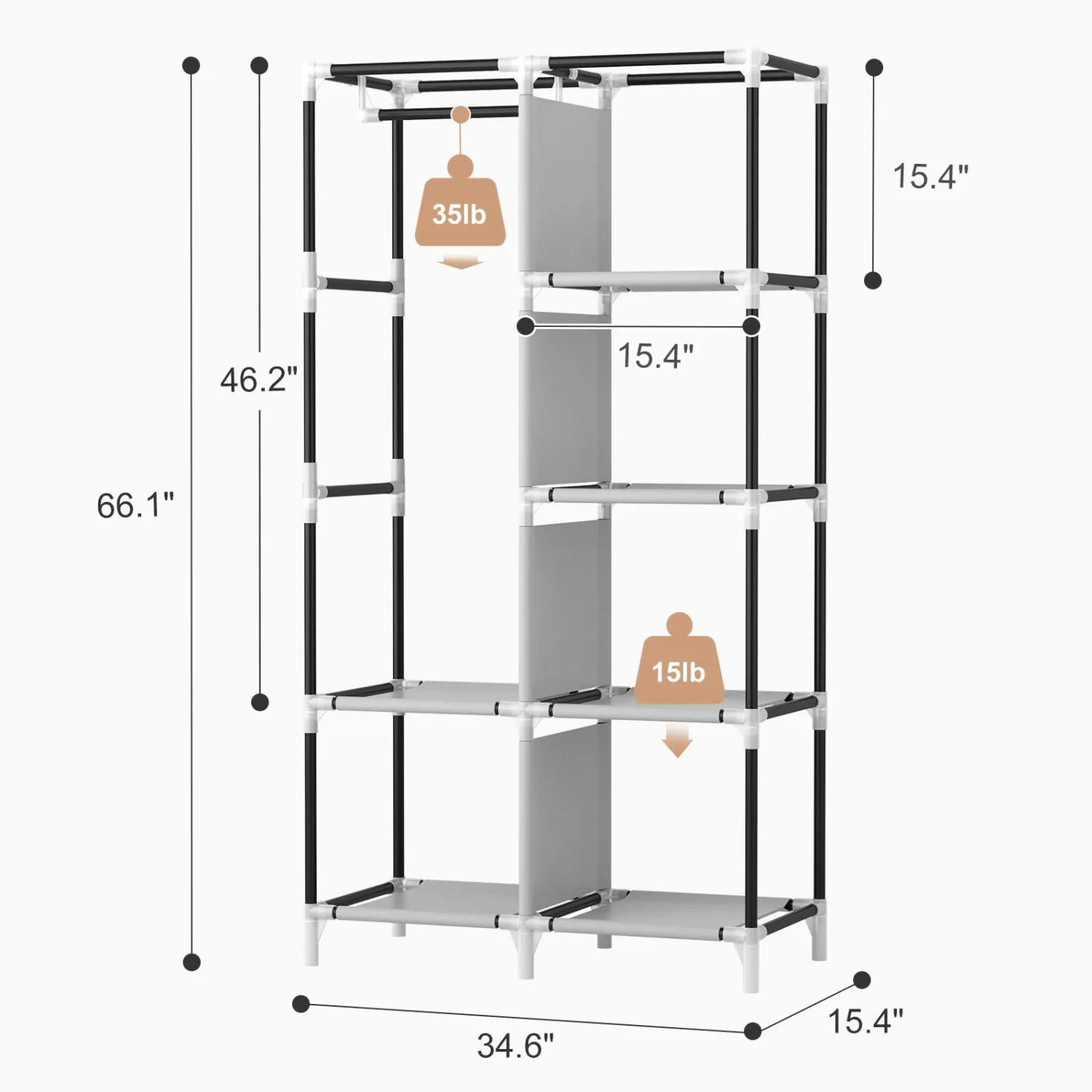 ROJASOP Portable Closet Wardrobe Closet for Hanging Clothes with 6 Storage Shelves, 1 Hanging Rod and 4 Pockets, Clothes Organizer and Storage Wardrobe Free Standing Closet for Bedroom, White