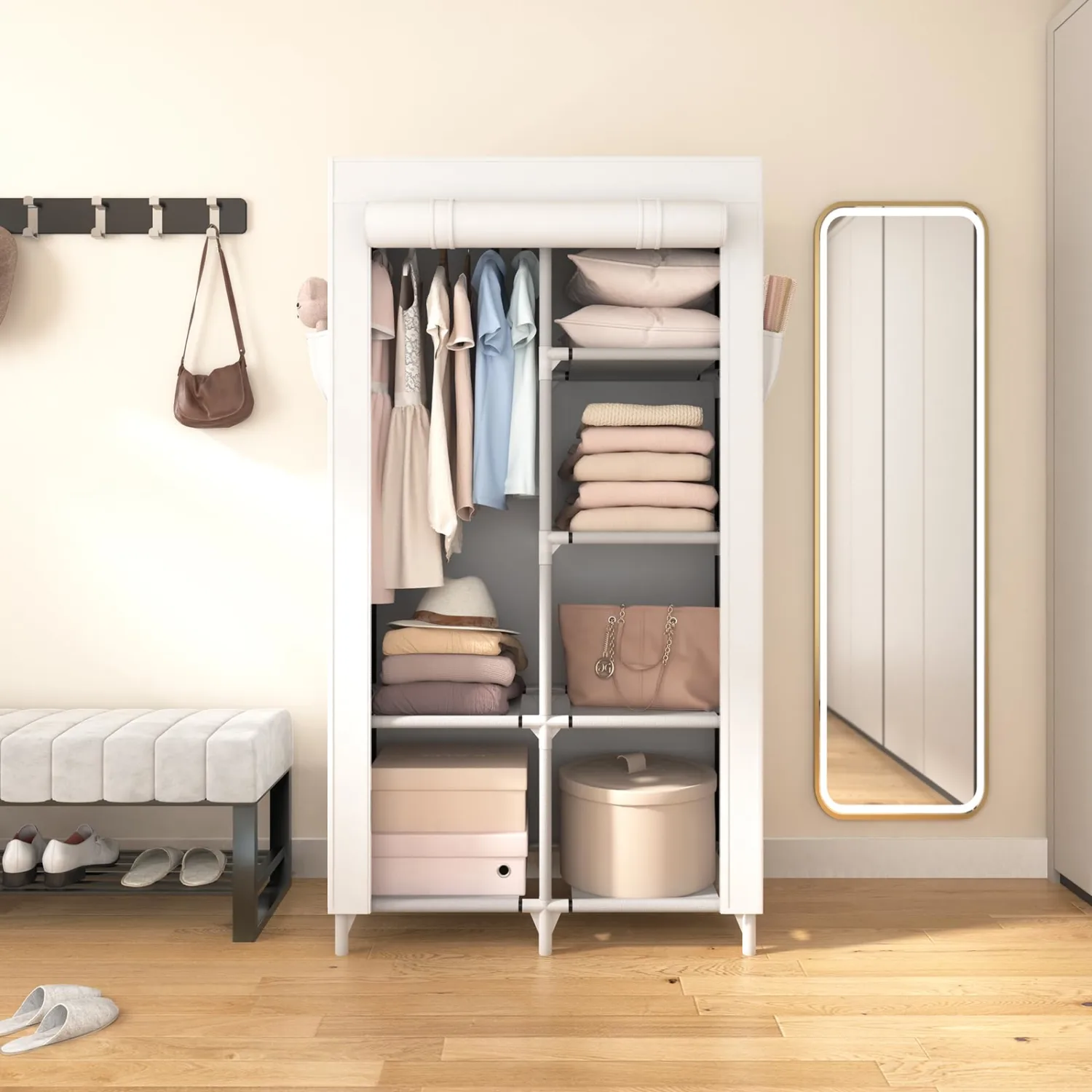 ROJASOP Portable Closet Wardrobe Closet for Hanging Clothes with 6 Storage Shelves, 1 Hanging Rod and 4 Pockets, Clothes Organizer and Storage Wardrobe Free Standing Closet for Bedroom, White