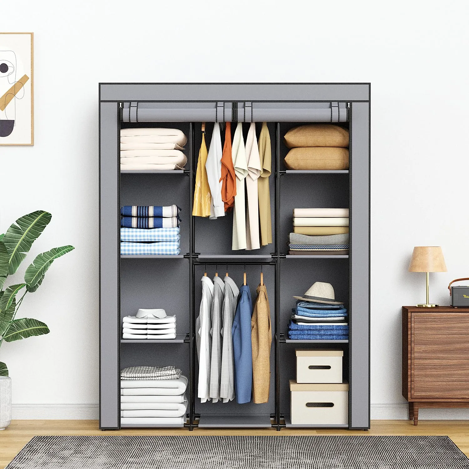 Portable Closet, Wardrobe Closet with 10 Storage Shelves and 2 Hanging Rods, Non-Woven Fabric Cover, 52.4 x 18.1 x 66.6 Inches Closet Organizer for Bedroom, Gray