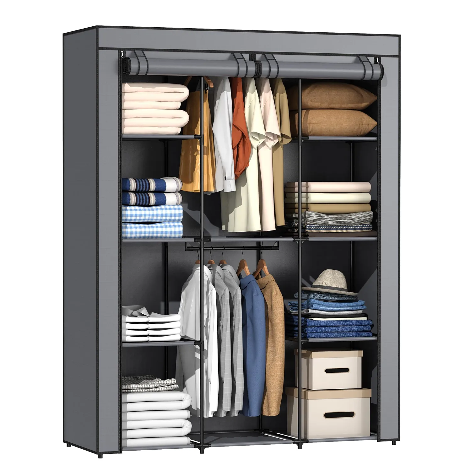 Portable Closet, Wardrobe Closet with 10 Storage Shelves and 2 Hanging Rods, Non-Woven Fabric Cover, 52.4 x 18.1 x 66.6 Inches Closet Organizer for Bedroom, Gray