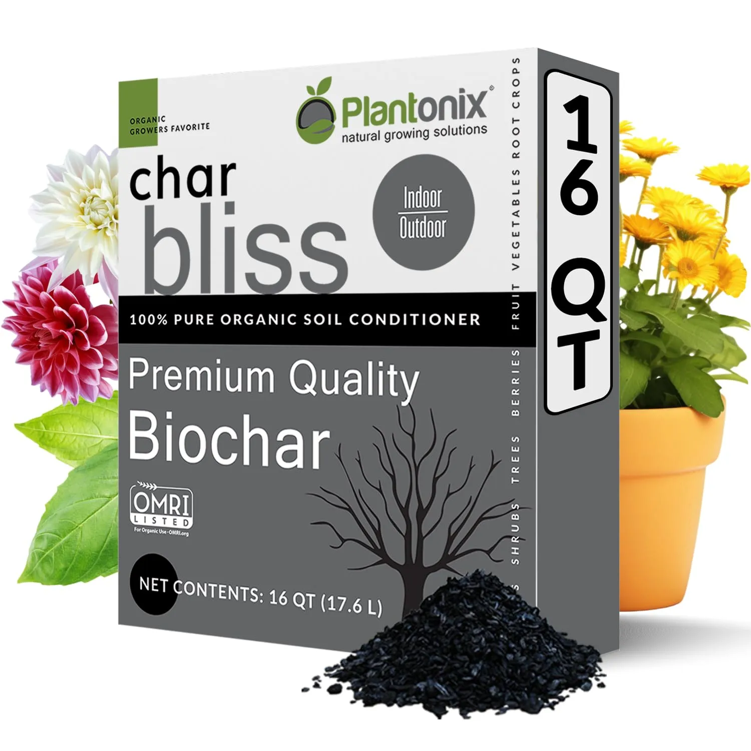 Char Bliss (16 Qts) - Organic Biochar for Plants - OMRI-Listed Biochar Soil Amendment Organic - Bio Char for Plants - Horticultural Charcoal for Plants, Potting Soil, Garden Soil, & Potting Mixes