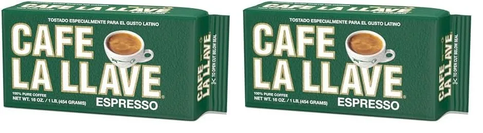 Café La Llave Espresso 100% Pure Coffee, Dark Roast Espresso, 16 Ounce Brick (Pack of 2)