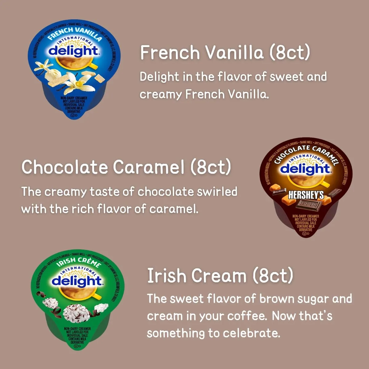 Coffee Creamer Single Serve Variety Pack, (48ct/ 6 Different Flavor) French Vanilla, Irish Cream, Caramel Macchiato, Sweet Cream, Chocolate Caramel, Hazelnut (Box of 48)