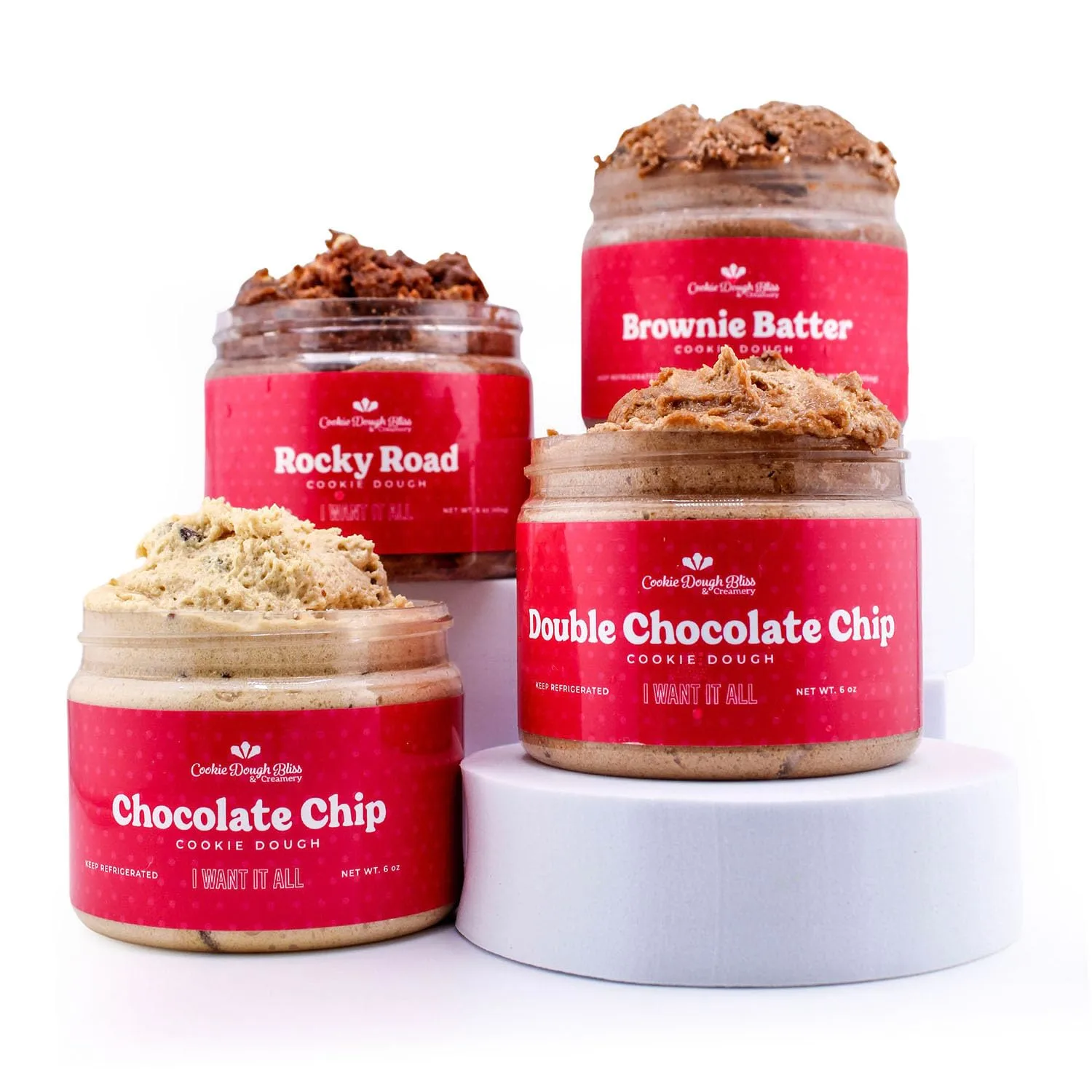 COOKIE DOUGH BLISS - Pack of 4 Chocolate Bliss Pack - Delicious Ready-to-Eat Double Chocolate Chip Cookie Dough - Brownie Batter & Rocky Road - Soft, Sweet & Creamy Snack or Dessert (6 oz)