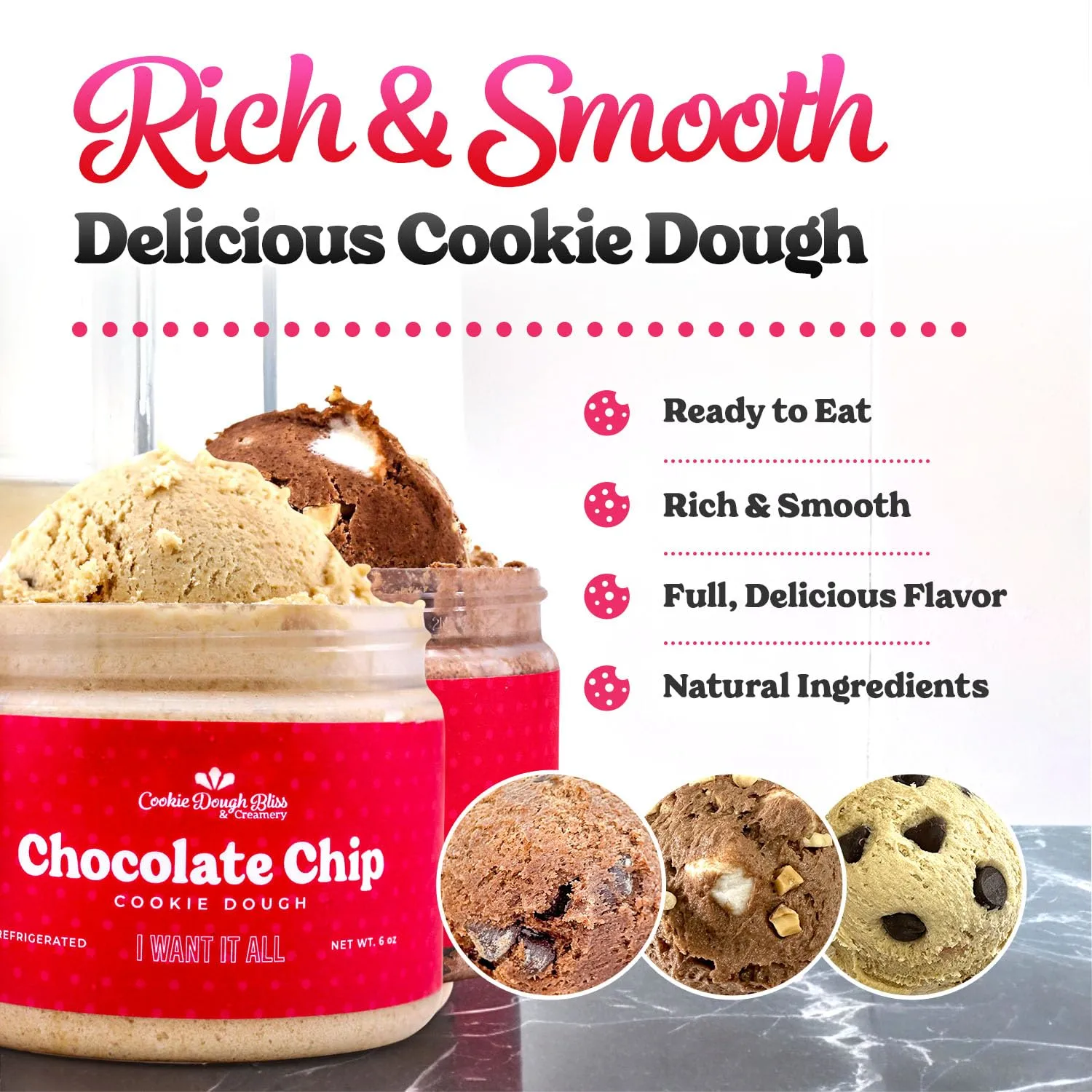 COOKIE DOUGH BLISS - Pack of 4 Chocolate Bliss Pack - Delicious Ready-to-Eat Double Chocolate Chip Cookie Dough - Brownie Batter & Rocky Road - Soft, Sweet & Creamy Snack or Dessert (6 oz)