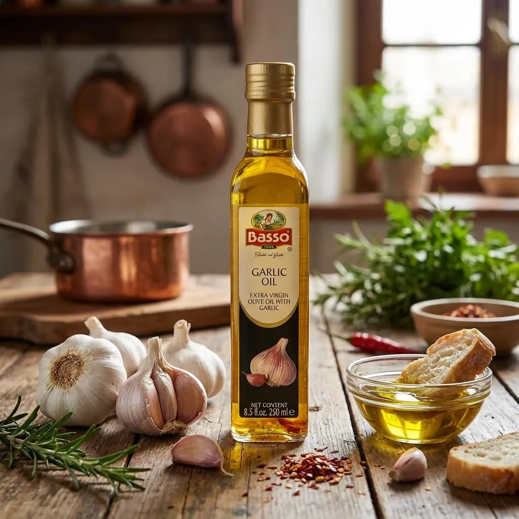 BASSO 1904 - Garlic Oil, Infused Premium Extra Virgin Olive Oil, 8.5 Fl Oz (250 ml), Cooking, Dipping, Dressing, and Tasting