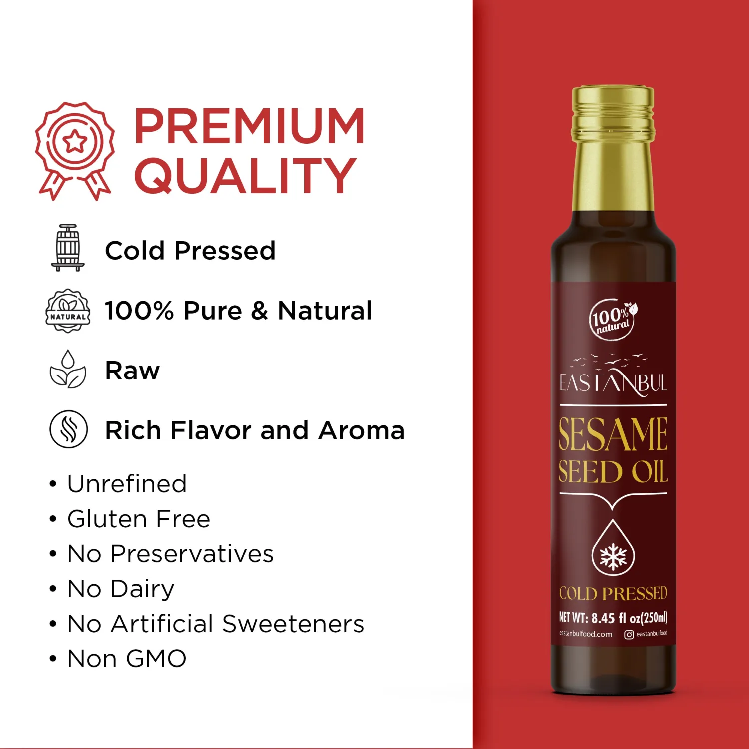 Eastanbul Cold Pressed Sesame Oil, 8.45 Fl Oz, Raw Sesame Oil, AKA Aceite de Ajonjoli, Premium for Cooking, Dressing, Rice, Asian Dishes, Unrefined, Pure, Natural, Vegan, Non GMO