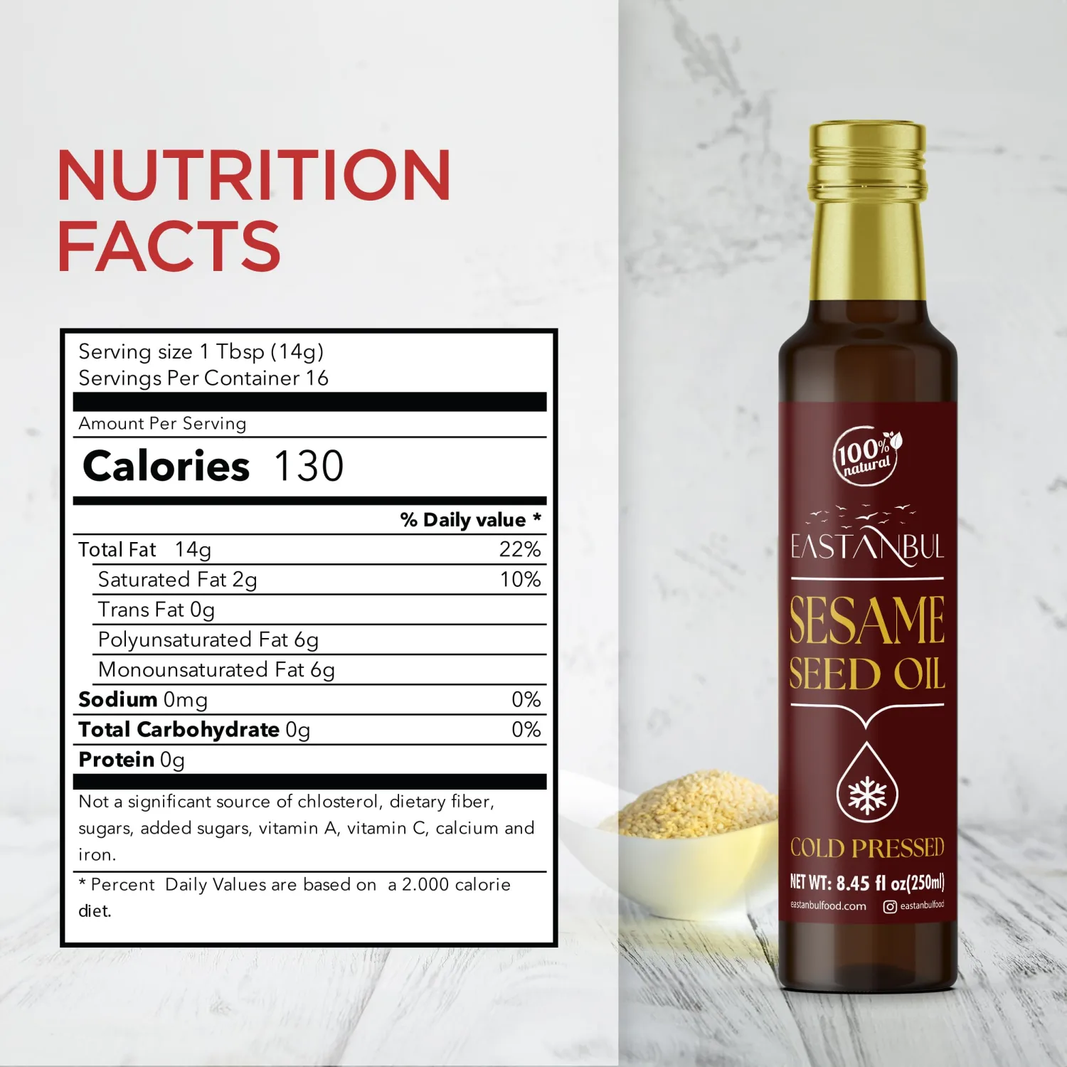 Eastanbul Cold Pressed Sesame Oil, 8.45 Fl Oz, Raw Sesame Oil, AKA Aceite de Ajonjoli, Premium for Cooking, Dressing, Rice, Asian Dishes, Unrefined, Pure, Natural, Vegan, Non GMO