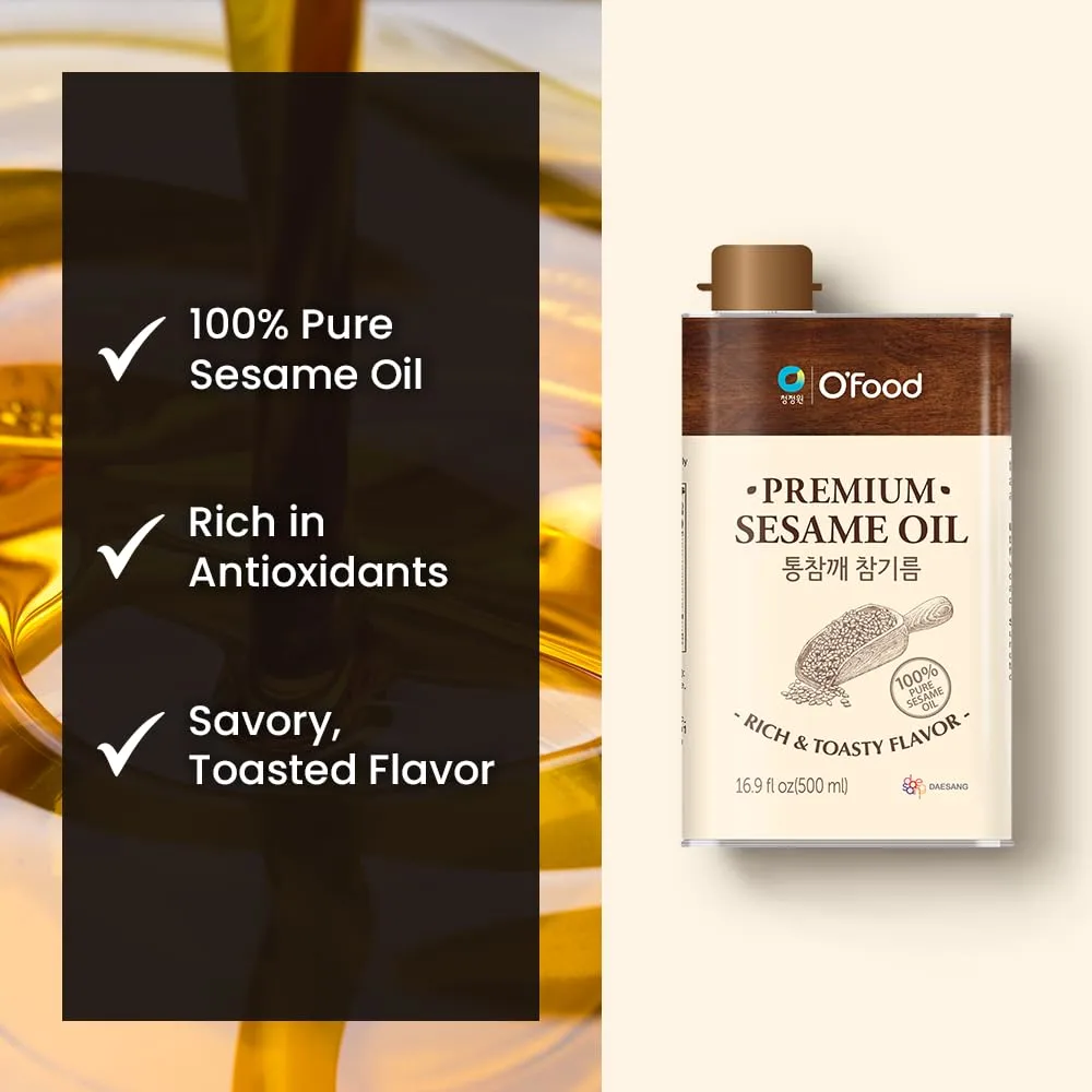 Chung Jung One O’Food Premium Sesame Oil, 16.91 Fl Oz, 100% Pure Sesame Seed Oil, Korean-Style Toasted, Rich and Nutty Flavor, Good for Cooking, Stir-fry, Noodles, Dressing, Drizzle
