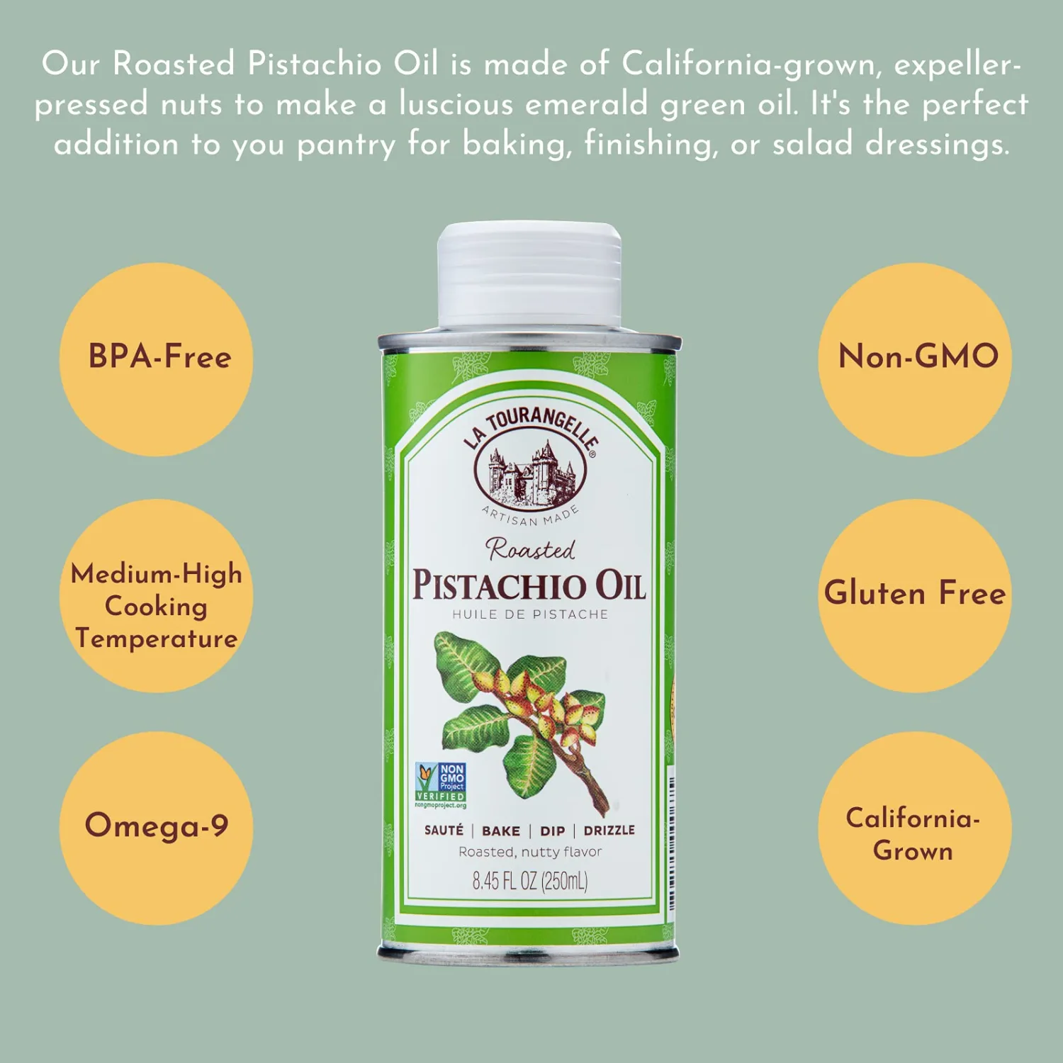 La Tourangelle, Roasted Pistachio Expeller-Pressed Oil for Cooking, Baking, and Beauty, Adds Flavor to Vinaigrettes, Sauces, Marinades, Green, 8.45 Fl Oz