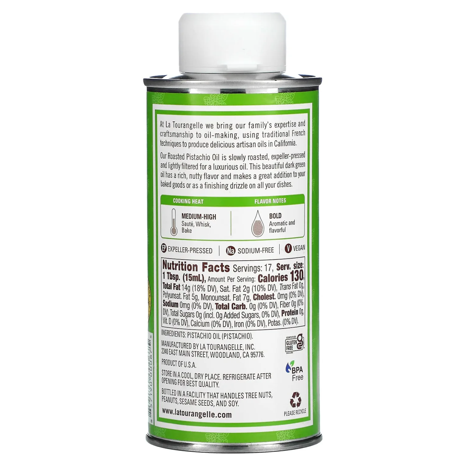 La Tourangelle, Roasted Pistachio Expeller-Pressed Oil for Cooking, Baking, and Beauty, Adds Flavor to Vinaigrettes, Sauces, Marinades, Green, 8.45 Fl Oz