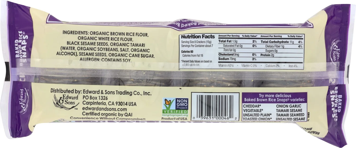 Edward & Sons, Brown Rice Snaps, Black Sesame Flavor, Organic, 3.5 oz