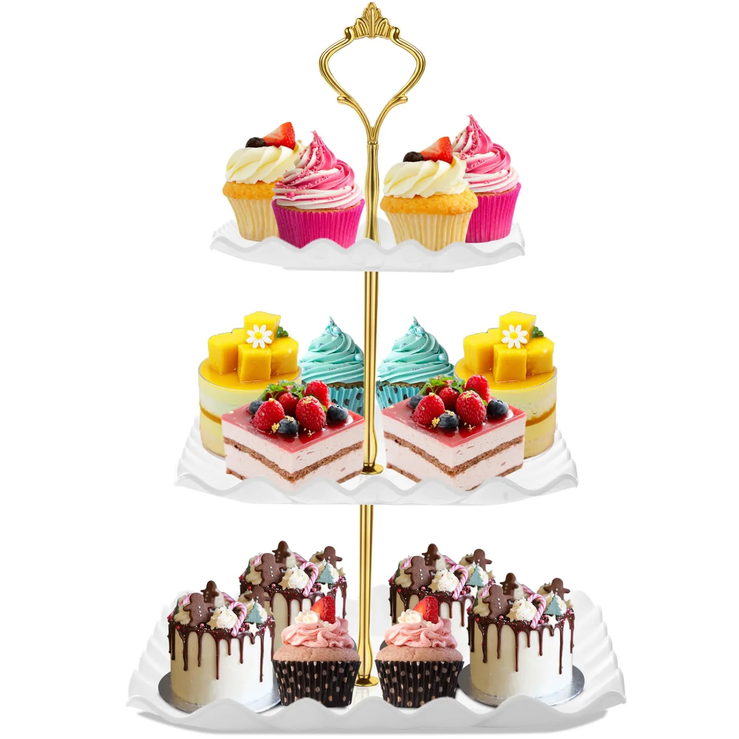 Dessert Cupcake Stand, 3 Tier Cup Cake Holder Tower for Tea Party/Birthday/Weeding, Plastic Tiered Serving Tray with Metal Rod, White
