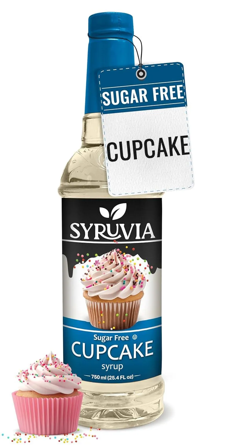 Syruvia Sugar-Free Cupcake Coffee Syrup - 25.4 fl oz Premium Coffee Flavoring Syrup. 0 Calories, Kosher, and Gluten-Free. Ideal for Drinks, Sodas, Shakes, Desserts, and More.