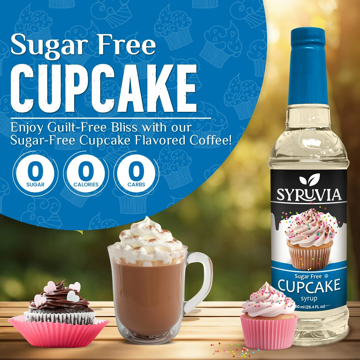 Syruvia Sugar-Free Cupcake Coffee Syrup - 25.4 fl oz Premium Coffee Flavoring Syrup. 0 Calories, Kosher, and Gluten-Free. Ideal for Drinks, Sodas, Shakes, Desserts, and More.