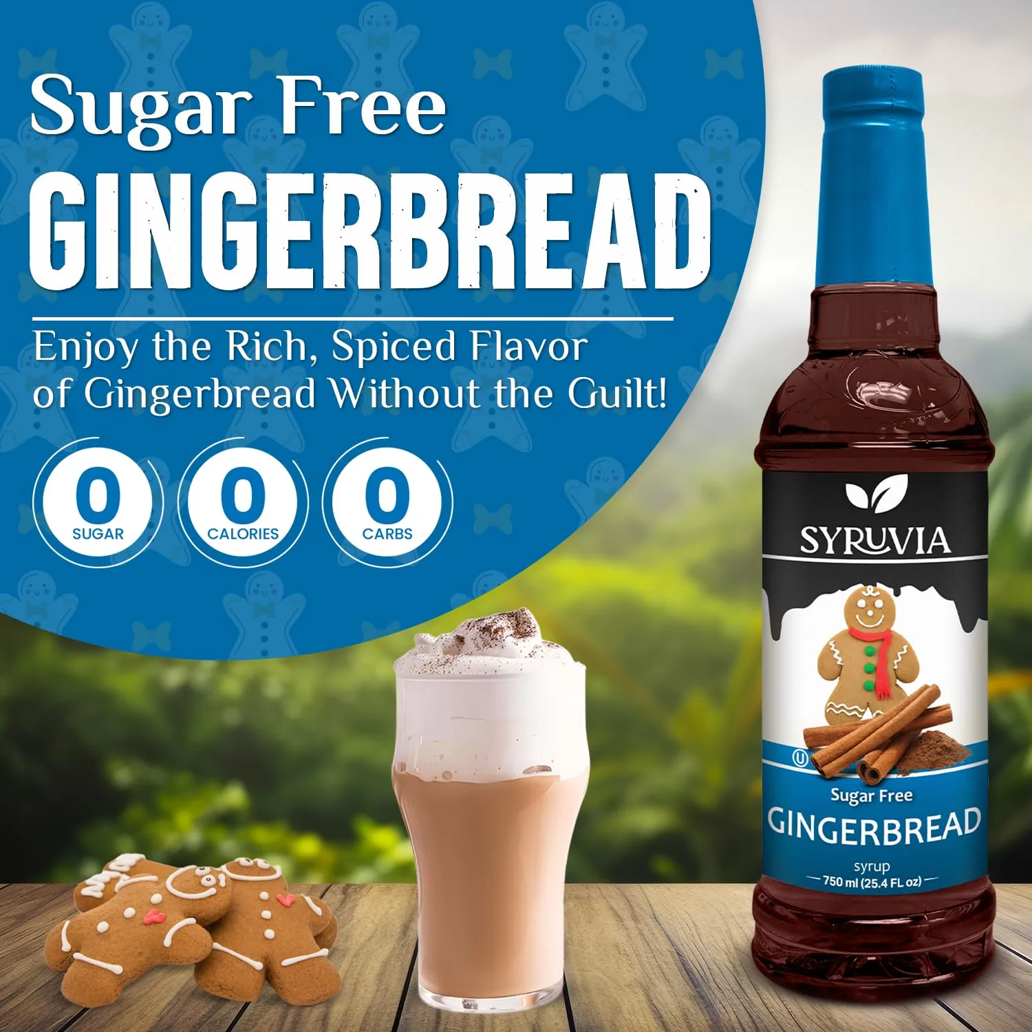 Syruvia Sugar-Free Gingerbread Coffee Syrup - 25.4 fl oz Premium Coffee Flavoring Syrup - 0 Calorie- Kosher Coffee Syrups, Gluten Free, Perfect for Drinks, Soda, Shakes, Desserts, and More.
