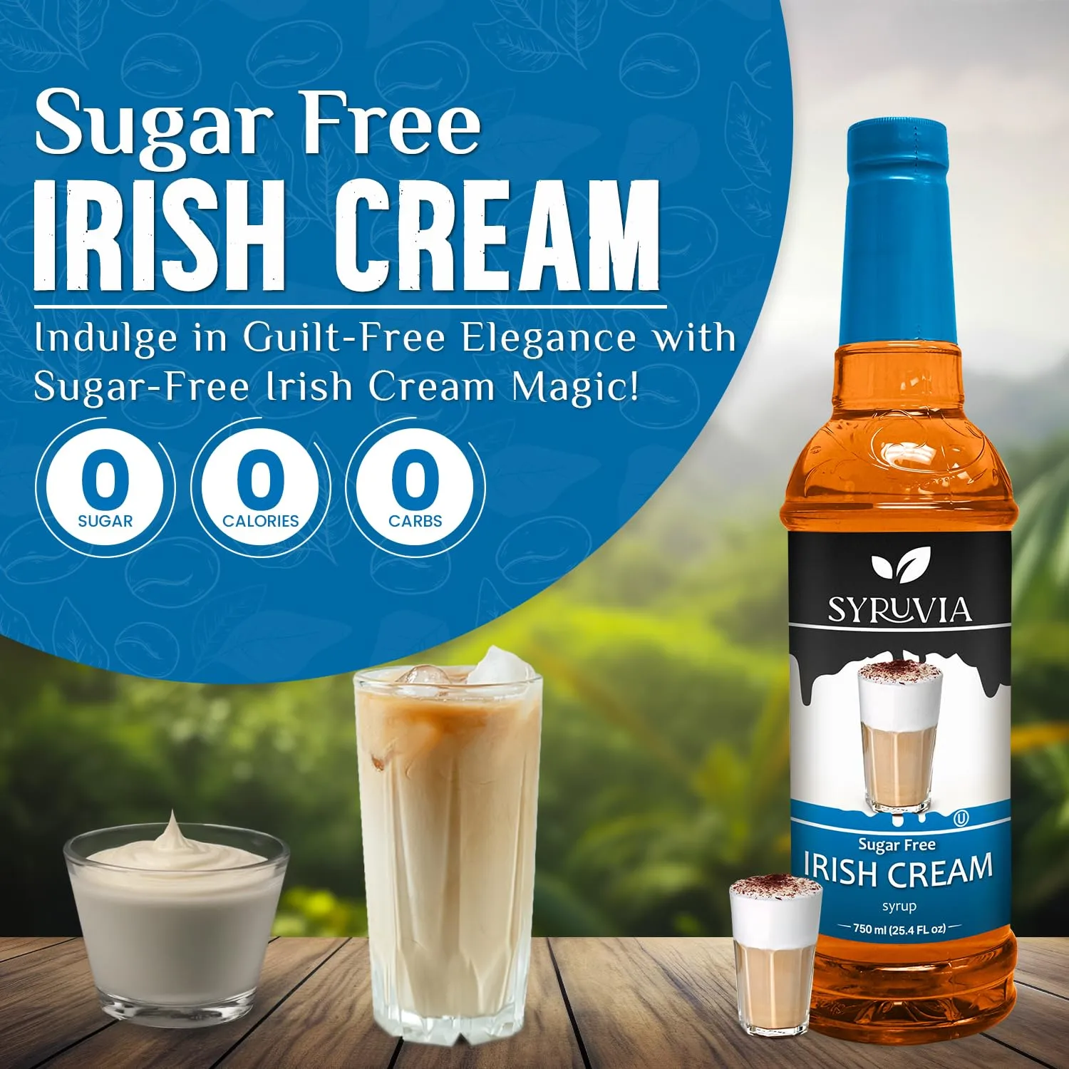 Syruvia Sugar Free Irish Cream Syrup - 25.4 fl oz. Premium Flavoring Syrup. 0 Calories, Kosher, and Gluten-Free. Ideal for Enhancing Drinks, Sodas, Shakes, Desserts, and More.