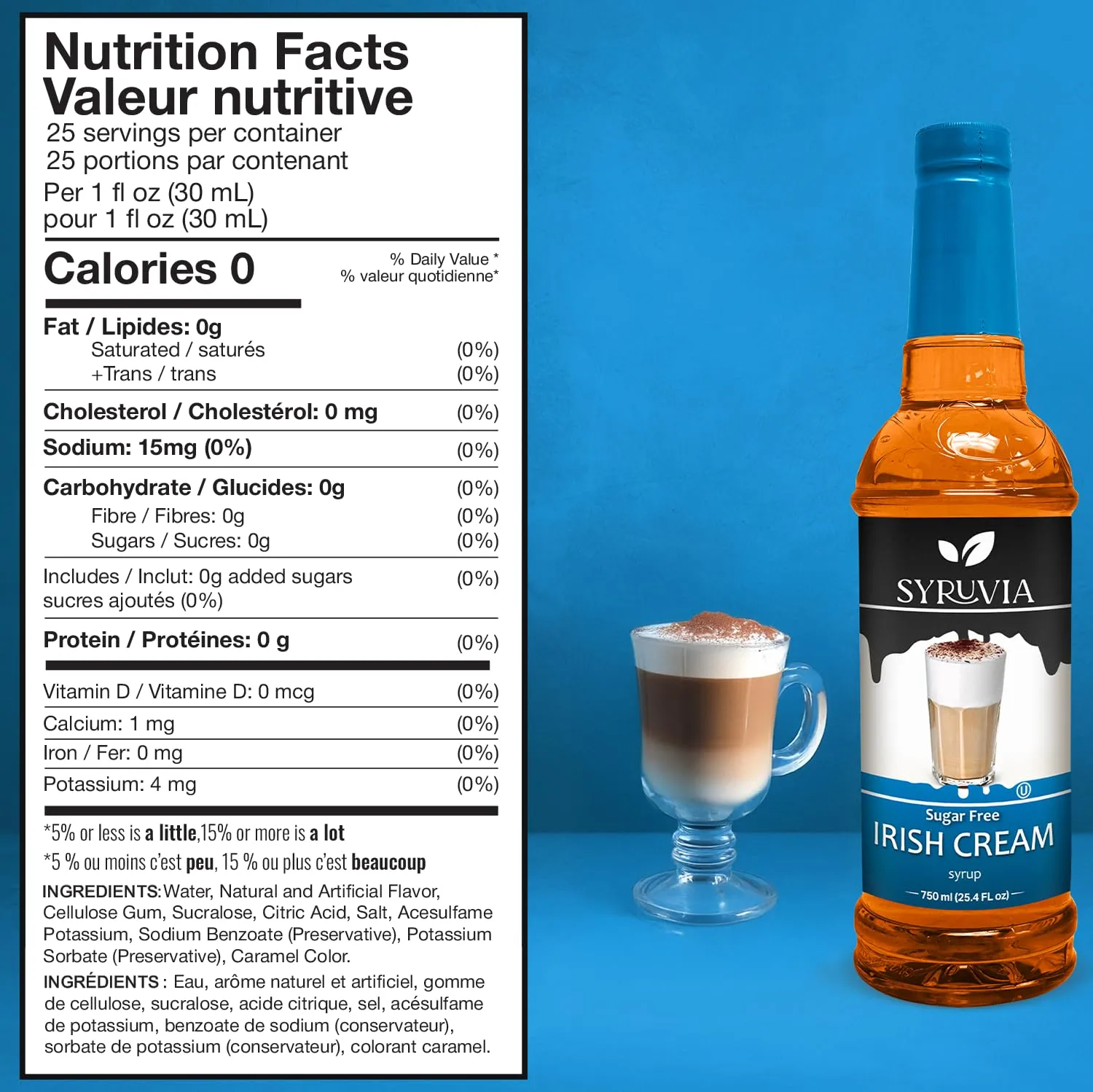 Syruvia Sugar Free Irish Cream Syrup - 25.4 fl oz. Premium Flavoring Syrup. 0 Calories, Kosher, and Gluten-Free. Ideal for Enhancing Drinks, Sodas, Shakes, Desserts, and More.