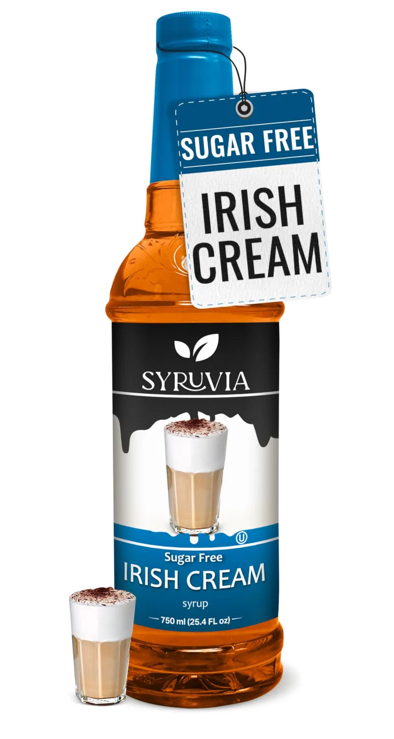 Syruvia Sugar Free Irish Cream Syrup - 25.4 fl oz. Premium Flavoring Syrup. 0 Calories, Kosher, and Gluten-Free. Ideal for Enhancing Drinks, Sodas, Shakes, Desserts, and More.