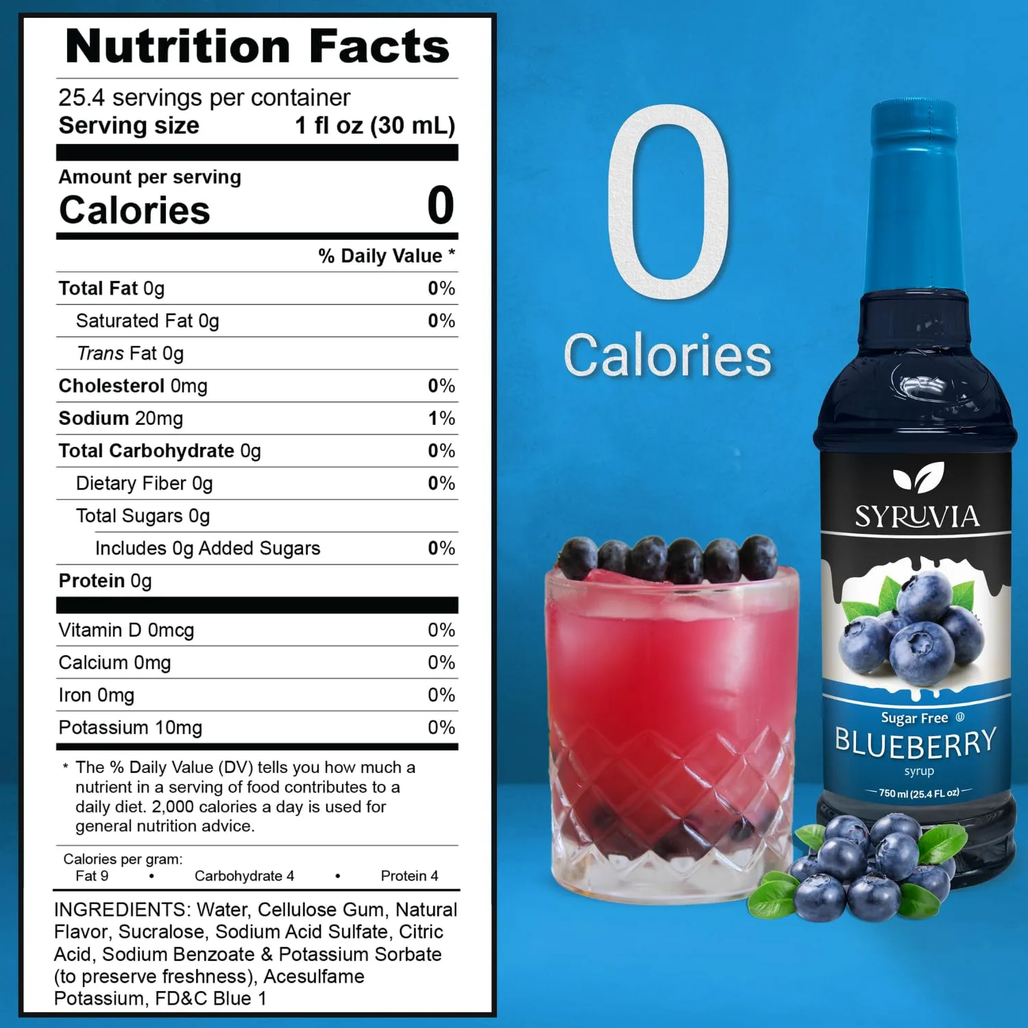 Syruvia Sugar-Free Blueberry Syrup - 25.4 fl oz Premium Coffee Flavoring Syrup. 0 Calories, Kosher, and Gluten-Free. Perfect for Drinks, Sodas, Shakes, Desserts, and More.