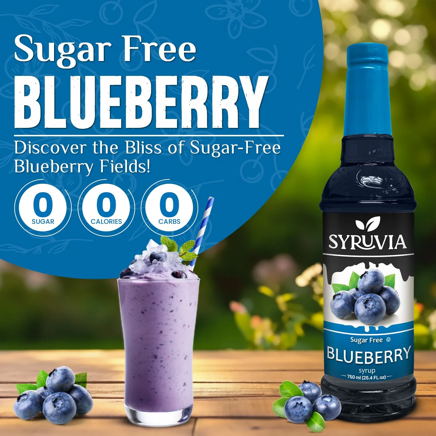 Syruvia Sugar-Free Blueberry Syrup - 25.4 fl oz Premium Coffee Flavoring Syrup. 0 Calories, Kosher, and Gluten-Free. Perfect for Drinks, Sodas, Shakes, Desserts, and More.