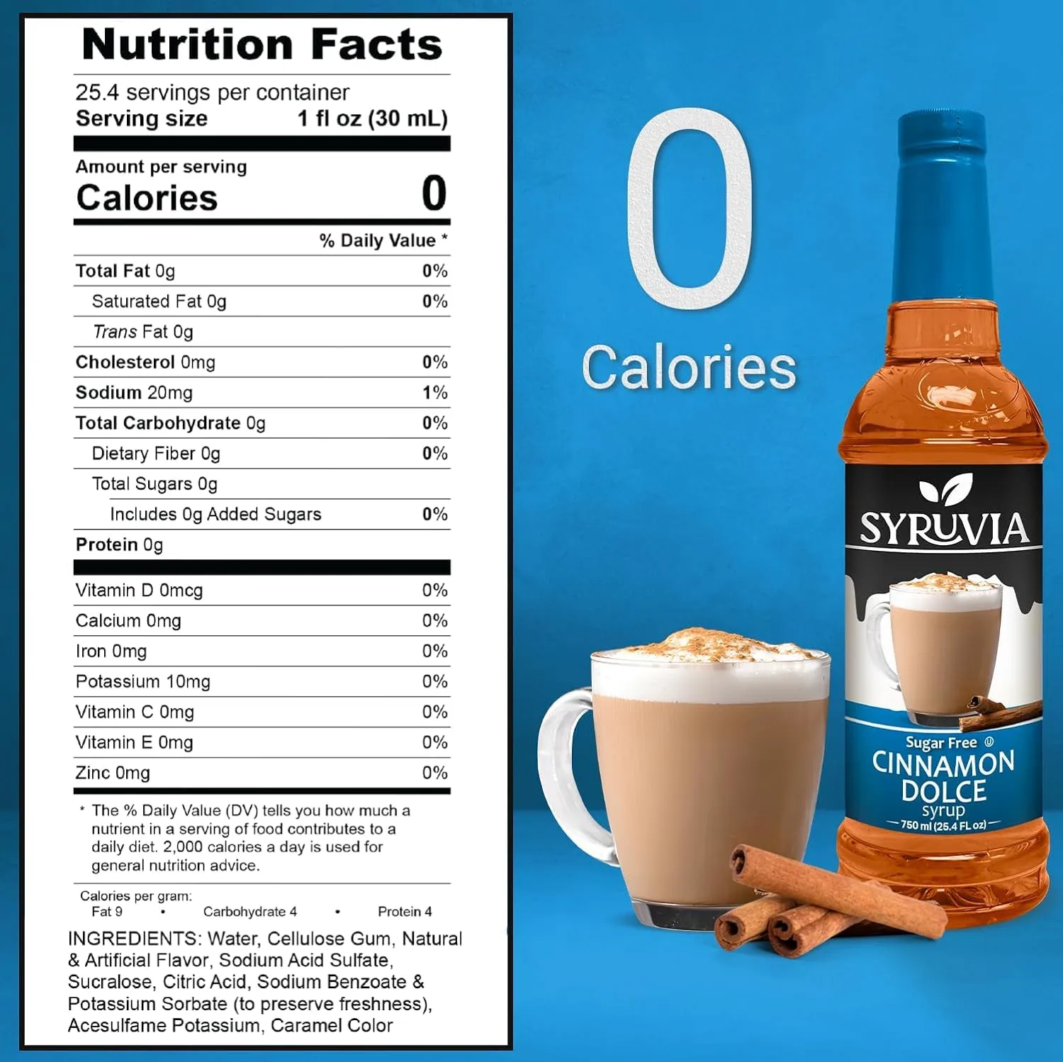 Syruvia Sugar-Free Cinnamon Dolce Syrup - 25.4 fl oz. Premium Coffee Flavoring Syrup. 0 Calories, Kosher, and Gluten-Free. Perfect for Drinks, Sodas, Shakes, Desserts, and More.