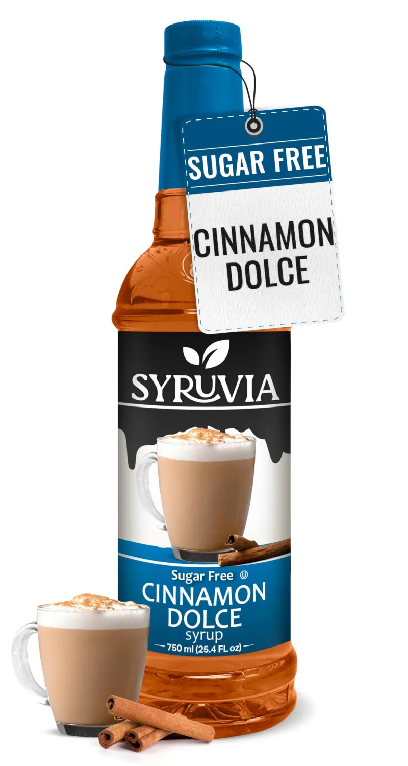 Syruvia Sugar-Free Cinnamon Dolce Syrup - 25.4 fl oz. Premium Coffee Flavoring Syrup. 0 Calories, Kosher, and Gluten-Free. Perfect for Drinks, Sodas, Shakes, Desserts, and More.