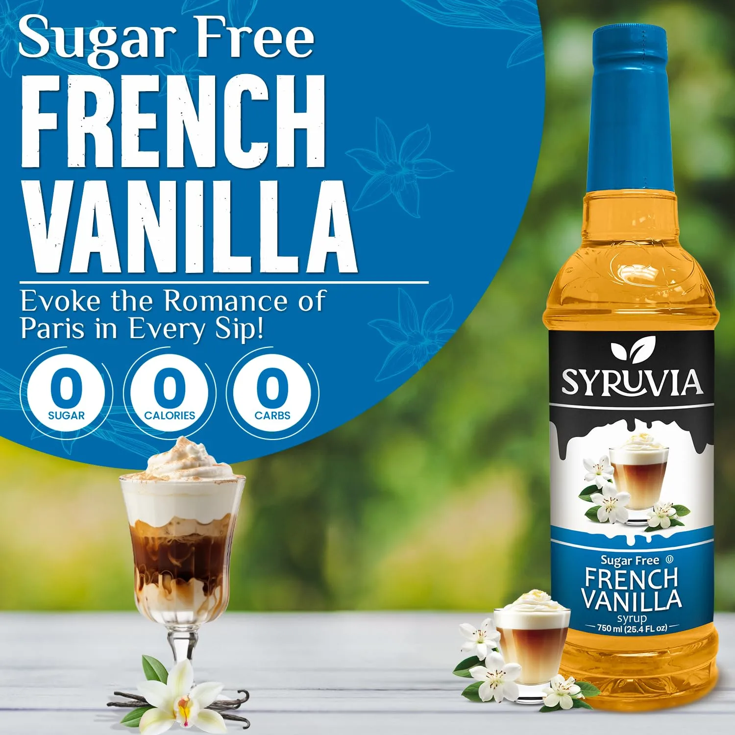 Syruvia Sugar-Free French Vanilla Syrup - 25.4 fl oz. Premium Coffee Flavoring Syrup. 0 Calories, Kosher, and Gluten-Free. Perfect for Drinks, Sodas, Shakes, Desserts, and More.