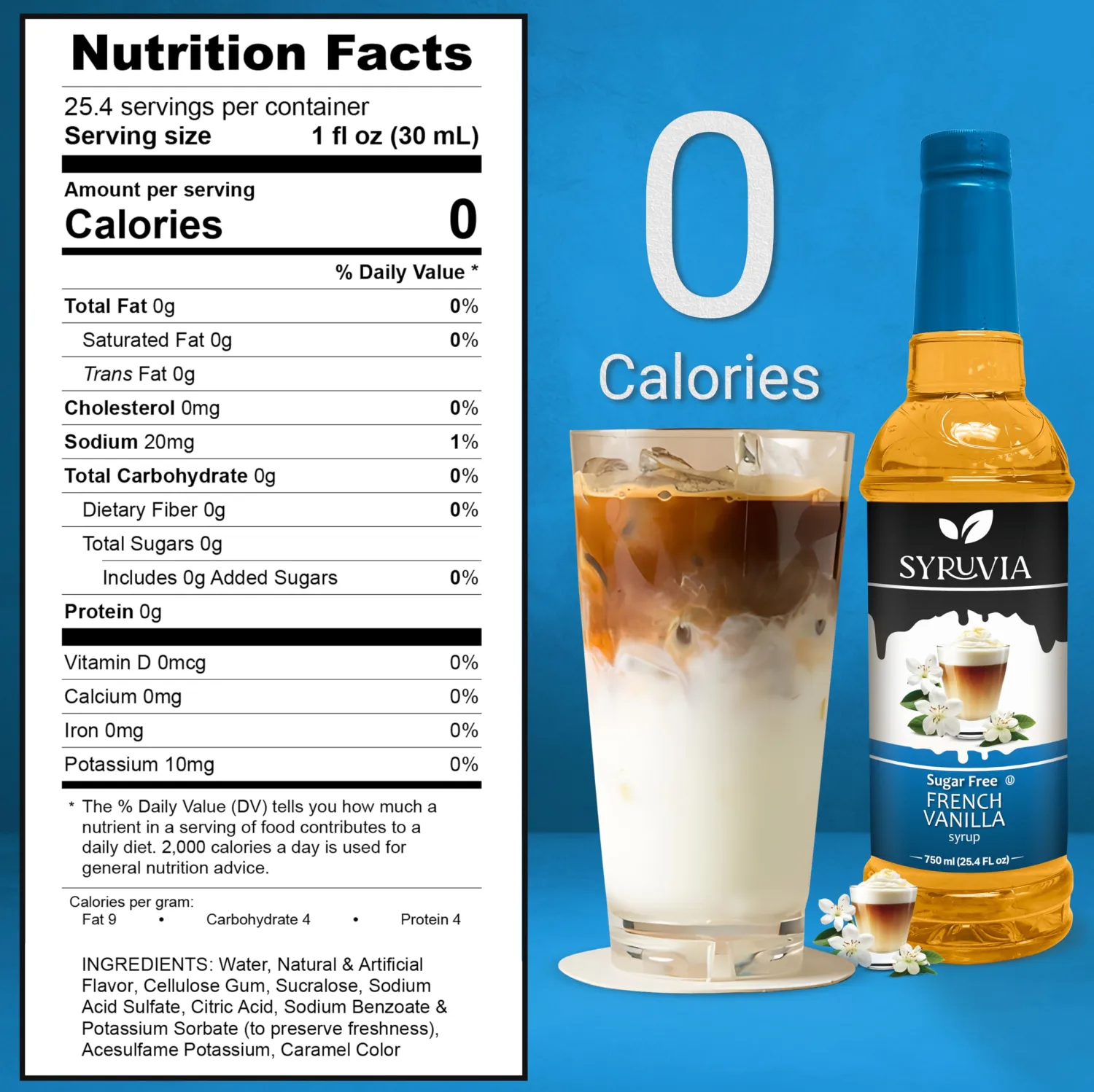 Syruvia Sugar-Free French Vanilla Syrup - 25.4 fl oz. Premium Coffee Flavoring Syrup. 0 Calories, Kosher, and Gluten-Free. Perfect for Drinks, Sodas, Shakes, Desserts, and More.