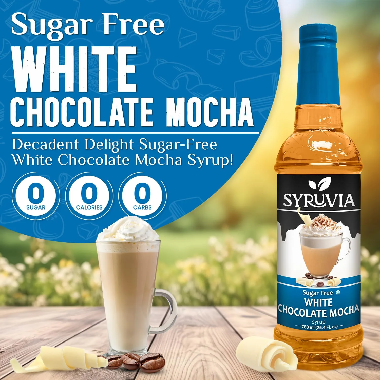 Syruvia Sugar-Free White Chocolate Mocha Coffee Syrup - 25.4 fl oz. Premium Coffee Flavoring Syrup. 0 Calories, Kosher, and Gluten-Free. Perfect for Drinks, Sodas, Shakes, Desserts, and More.