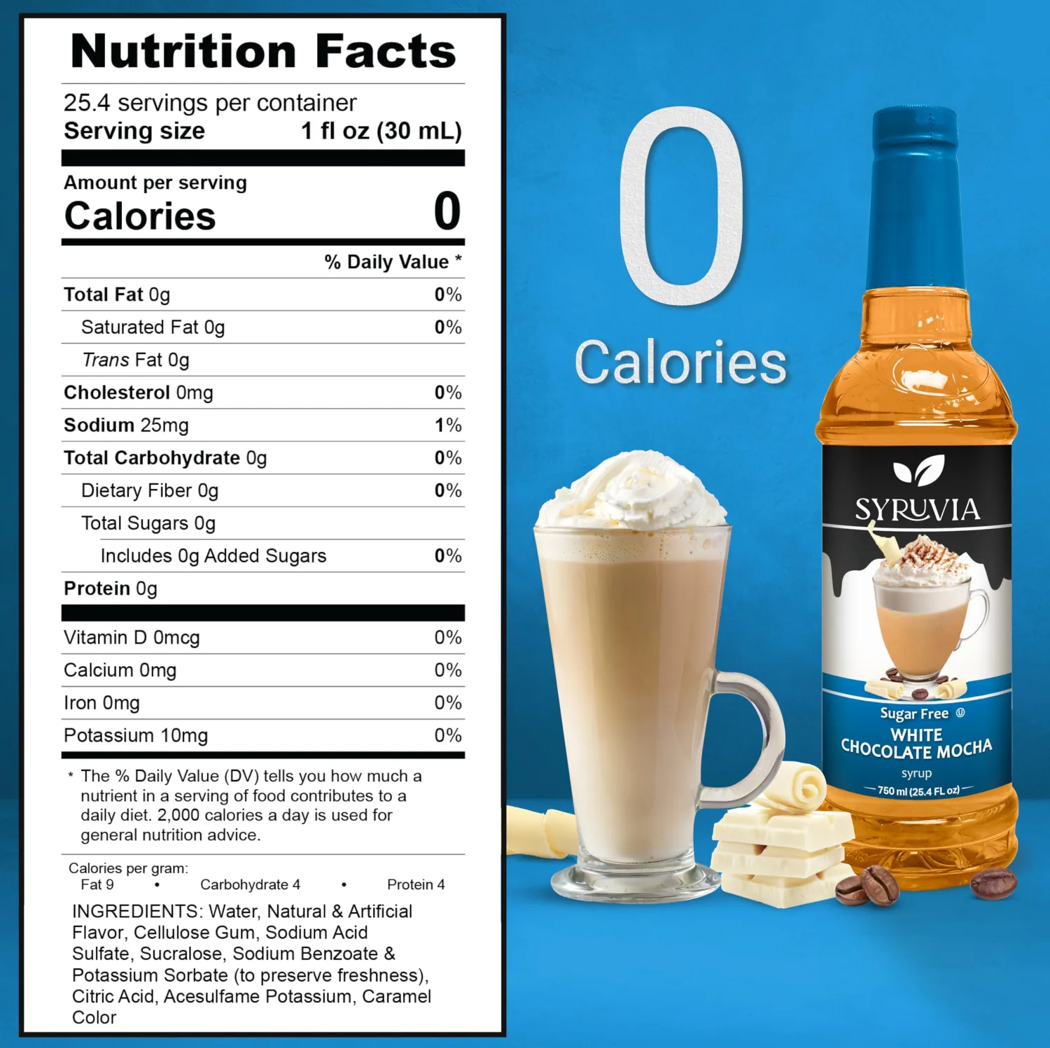 Syruvia Sugar-Free White Chocolate Mocha Coffee Syrup - 25.4 fl oz. Premium Coffee Flavoring Syrup. 0 Calories, Kosher, and Gluten-Free. Perfect for Drinks, Sodas, Shakes, Desserts, and More.