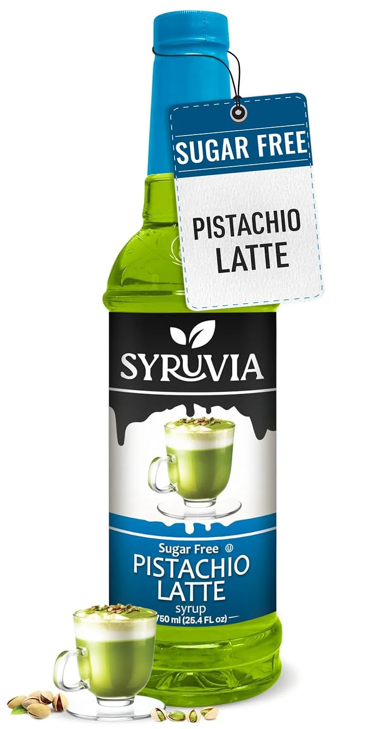 Syruvia Sugar-Free Pistachio Latte Syrup - 25.4 fl oz. Premium Coffee Flavoring Syrup. 0 Calories, Kosher, and Gluten-Free. Perfect for Drinks, Sodas, Shakes, Desserts, and More.