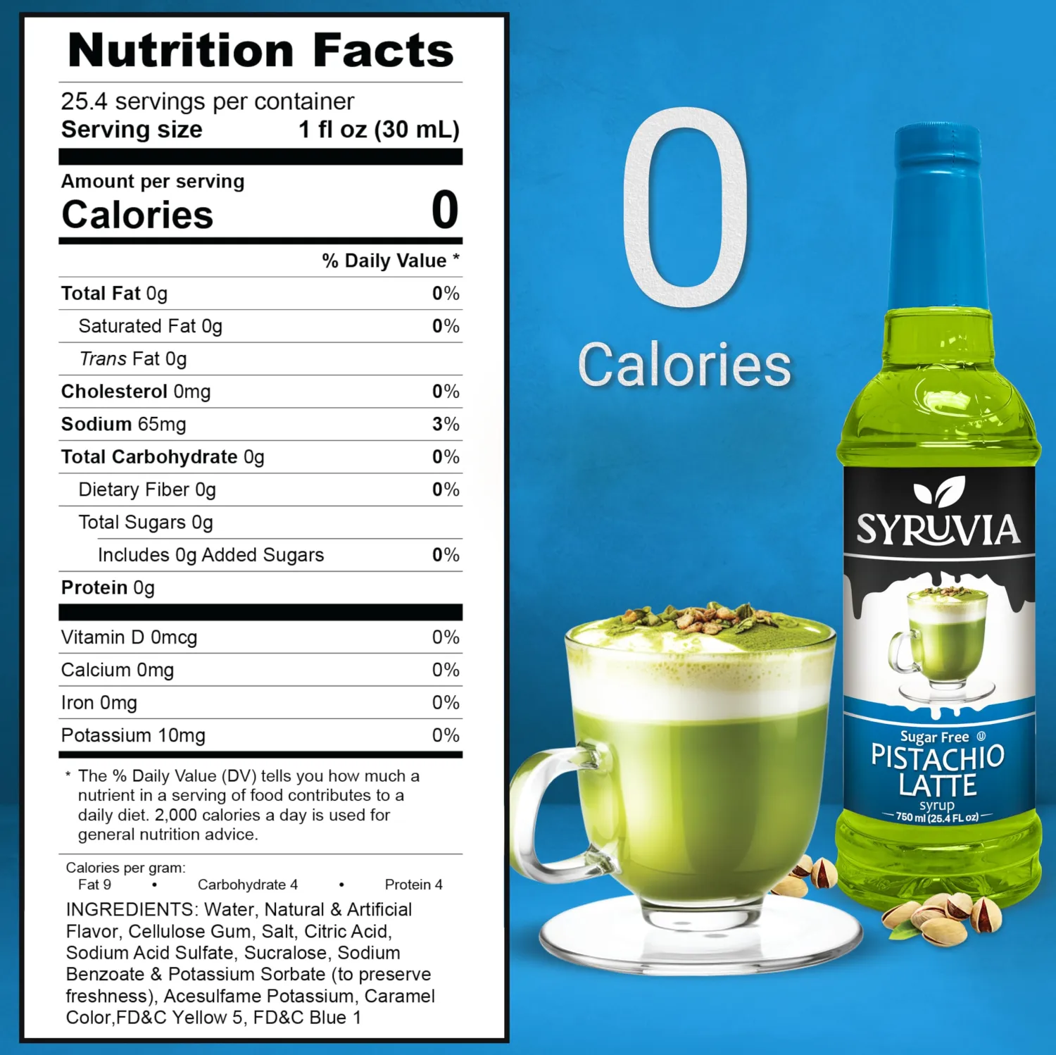 Syruvia Sugar-Free Pistachio Latte Syrup - 25.4 fl oz. Premium Coffee Flavoring Syrup. 0 Calories, Kosher, and Gluten-Free. Perfect for Drinks, Sodas, Shakes, Desserts, and More.
