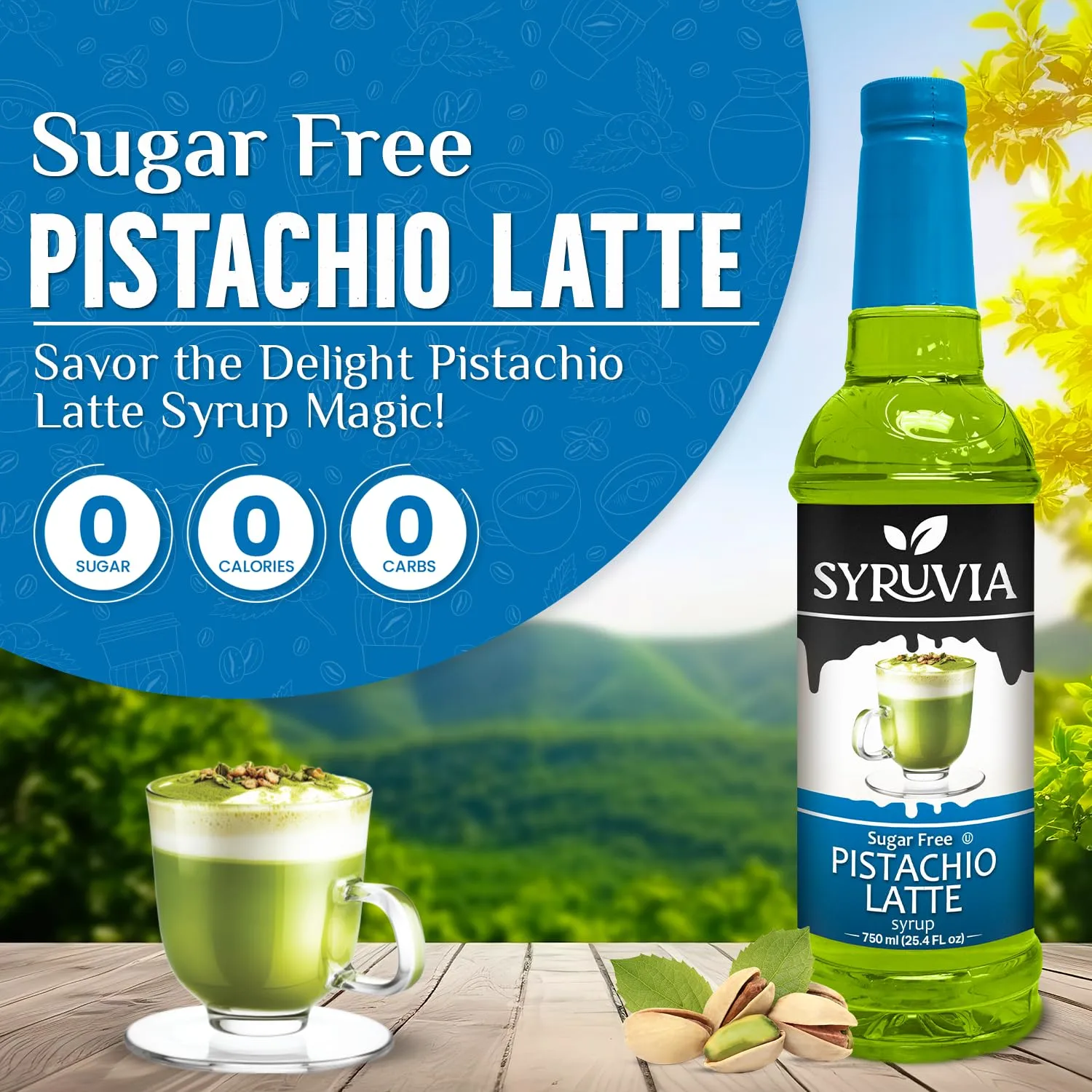 Syruvia Sugar-Free Pistachio Latte Syrup - 25.4 fl oz. Premium Coffee Flavoring Syrup. 0 Calories, Kosher, and Gluten-Free. Perfect for Drinks, Sodas, Shakes, Desserts, and More.