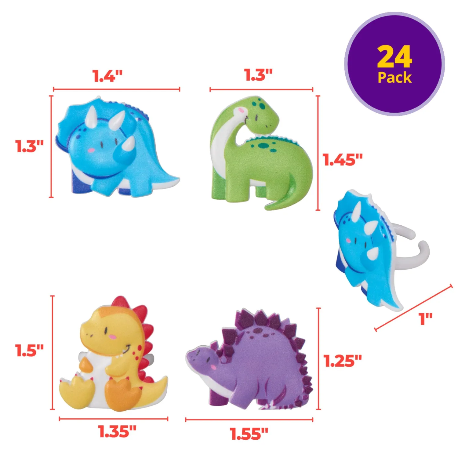 DecoPac Cutsie Dinosaur Rings, Dino Cupcake Decorations, Birthday Party Cupcake Toppers, Food Safe, 4 Designs – 24 Pack