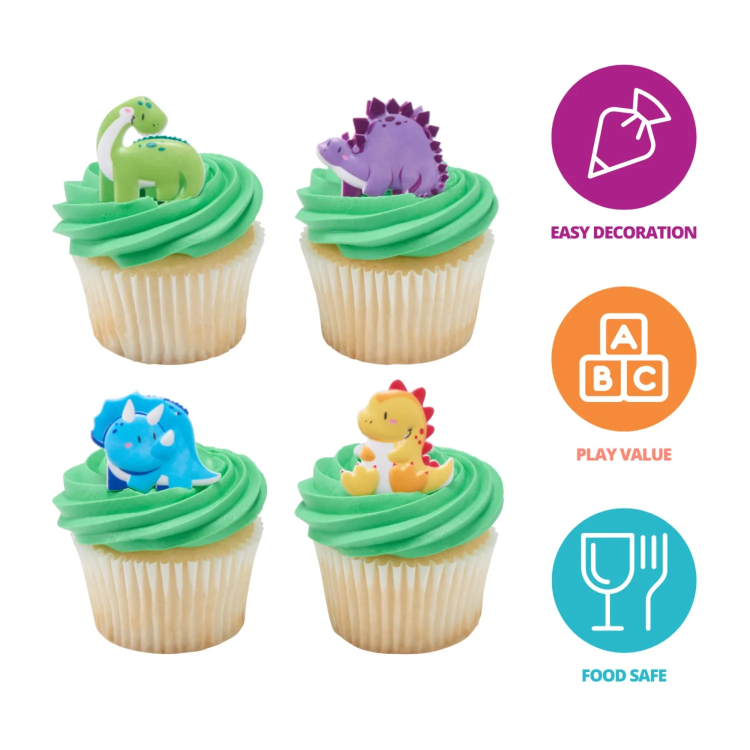 DecoPac Cutsie Dinosaur Rings, Dino Cupcake Decorations, Birthday Party Cupcake Toppers, Food Safe, 4 Designs – 24 Pack