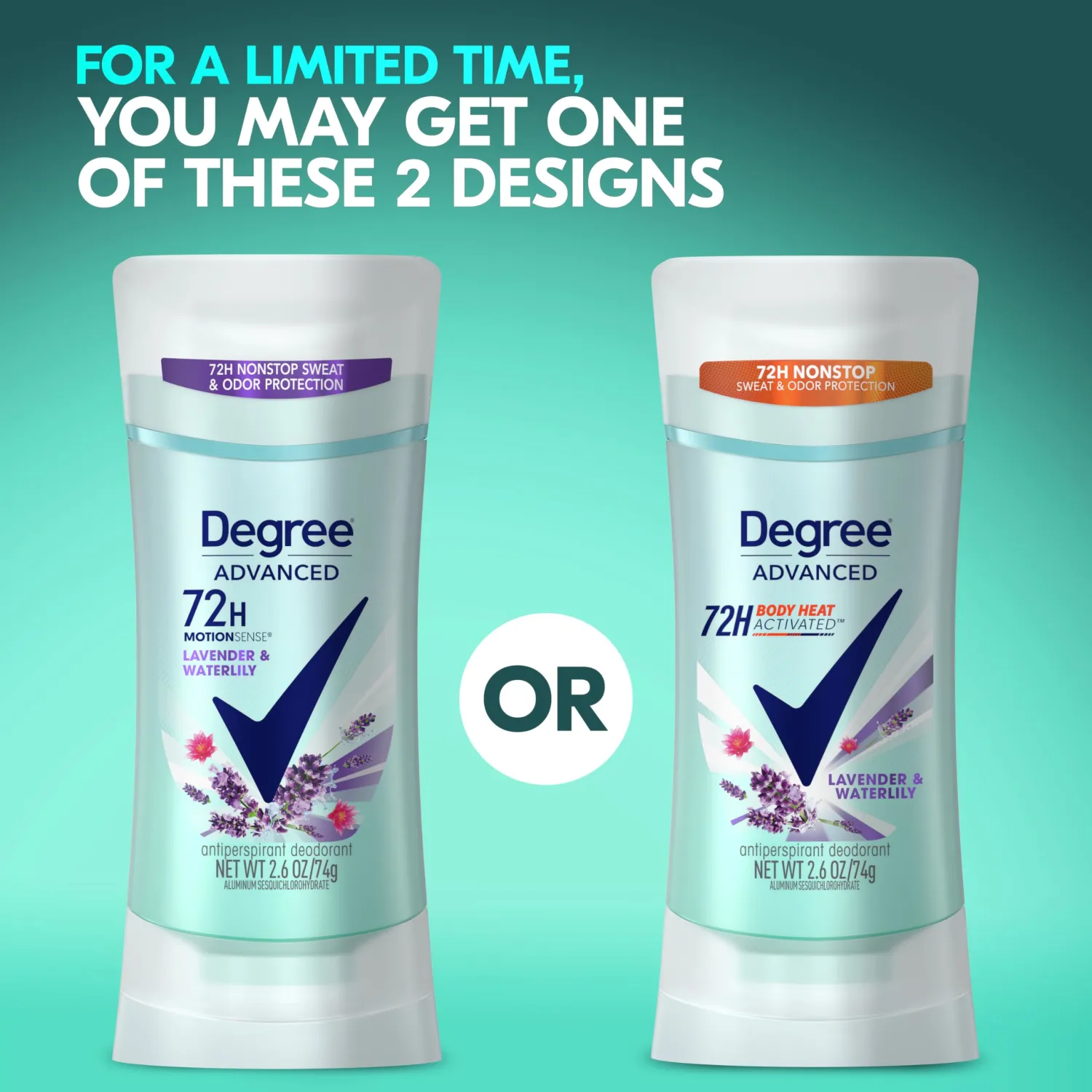 Degree Advanced Protection Antiperspirant Deodorant Lavender & Waterlily for 72-Hour Sweat & Odor Control for Women, with Body Heat Activated Technology, 2.6 oz