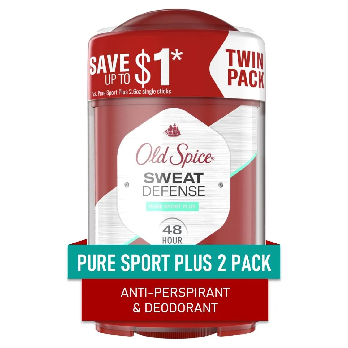 Old Spice Sweat Defense Anti-Perspirant Deodorant for Men, Triple Protection, Sweat & Odor Protection, Soft Solid, Pure Sport Plus Scent, 2.6 oz (Pack of 2)