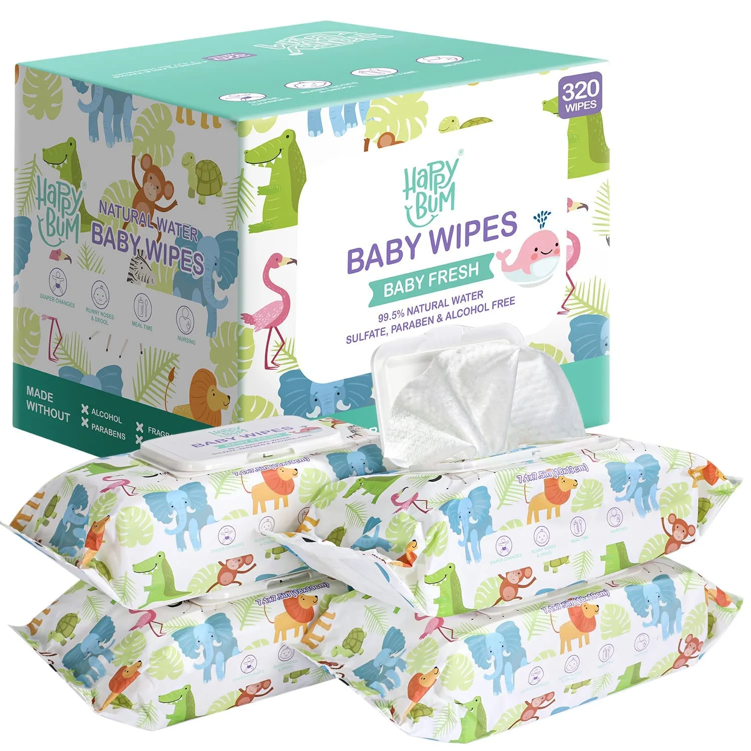 Baby Wipes - HAPPY BUM Sensitive Water Baby Diaper Wipes, Unscented, 4 Flip-top packs (320 Wipes Total)